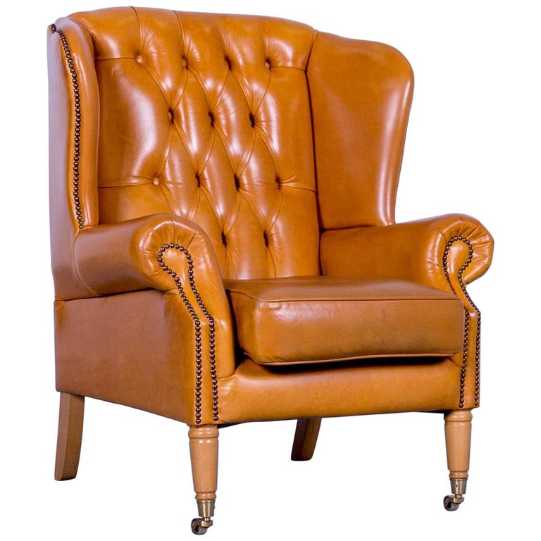 Chesterfield Armchair Leather Yellow One Seater Vintage For Sale at