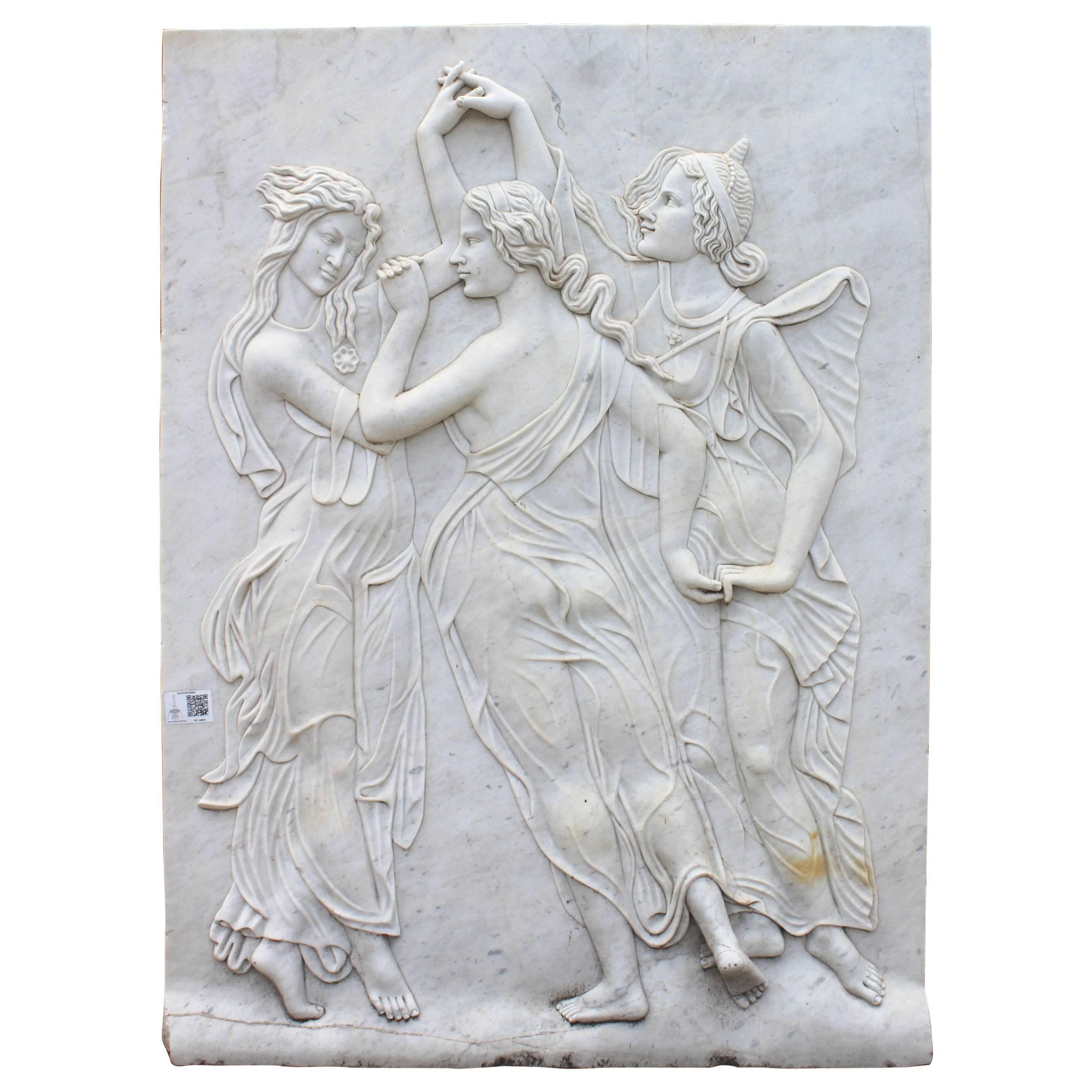 Three Graces Relief Hand-Carved in White Carrara Marble