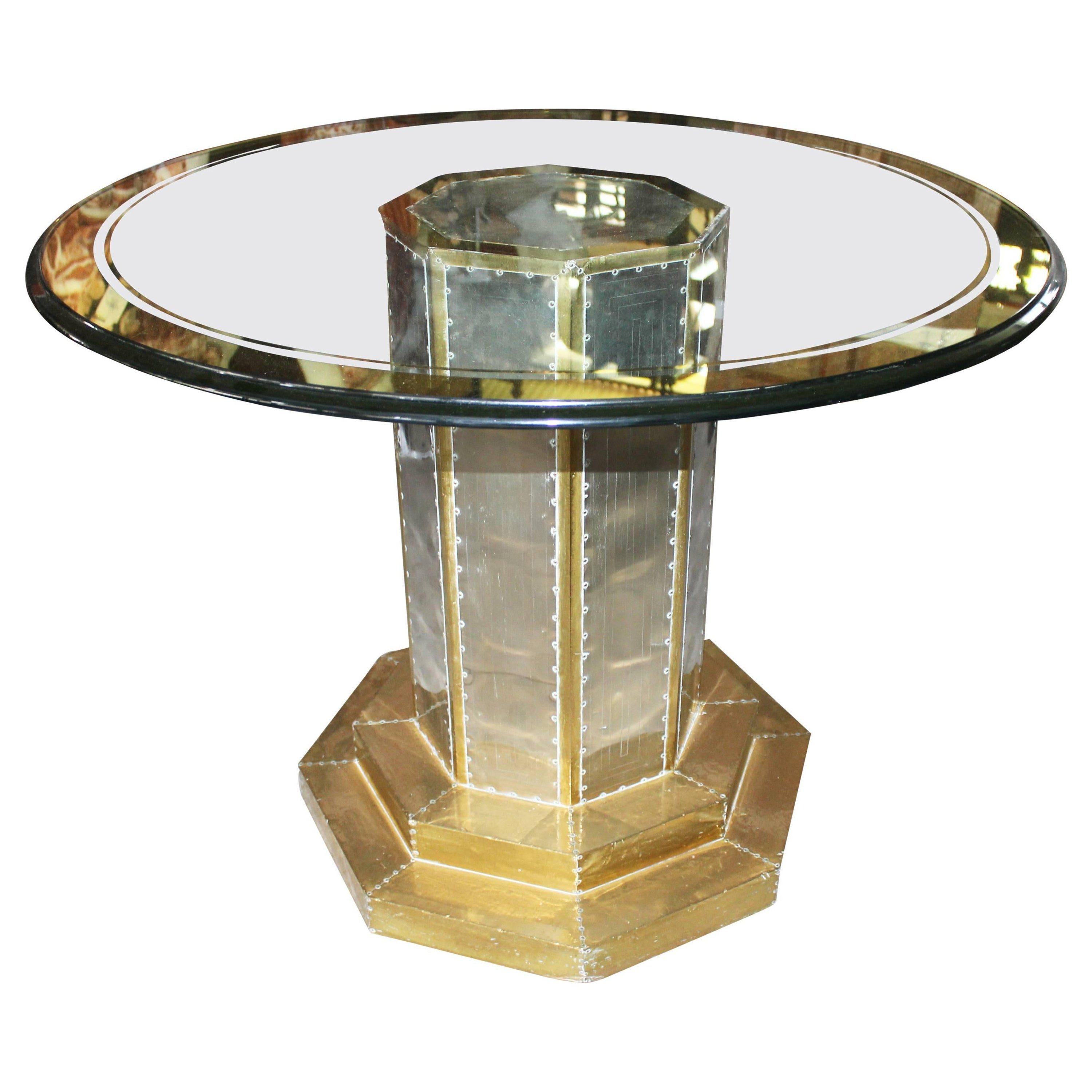 1970s, Two-Tone Gilded Brass on Wood Glass Top Table For Sale