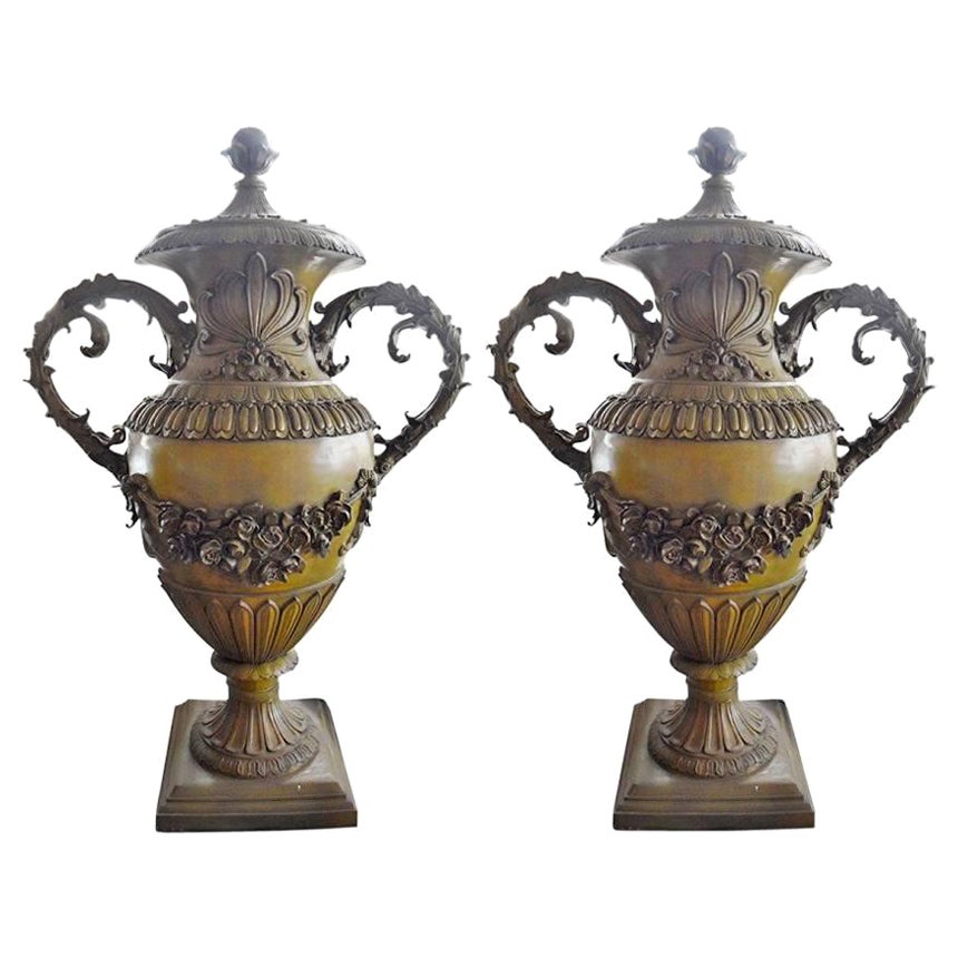 Pair of Large Size Bronze Decorative Urns For Sale