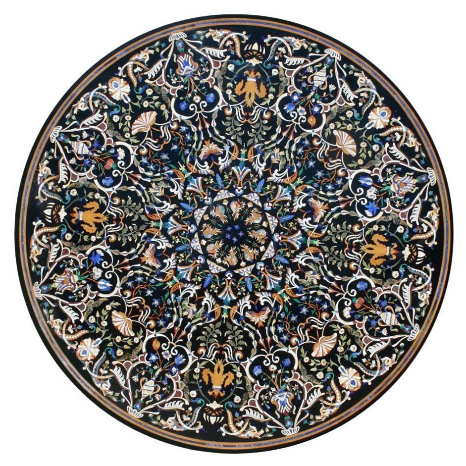 Italian Pietre Dure Semiprecious Hardstones Inlay Black Marble Mosaic Tabletop