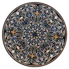 Italian Pietre Dure Semiprecious Hardstones Inlay Black Marble Mosaic Tabletop