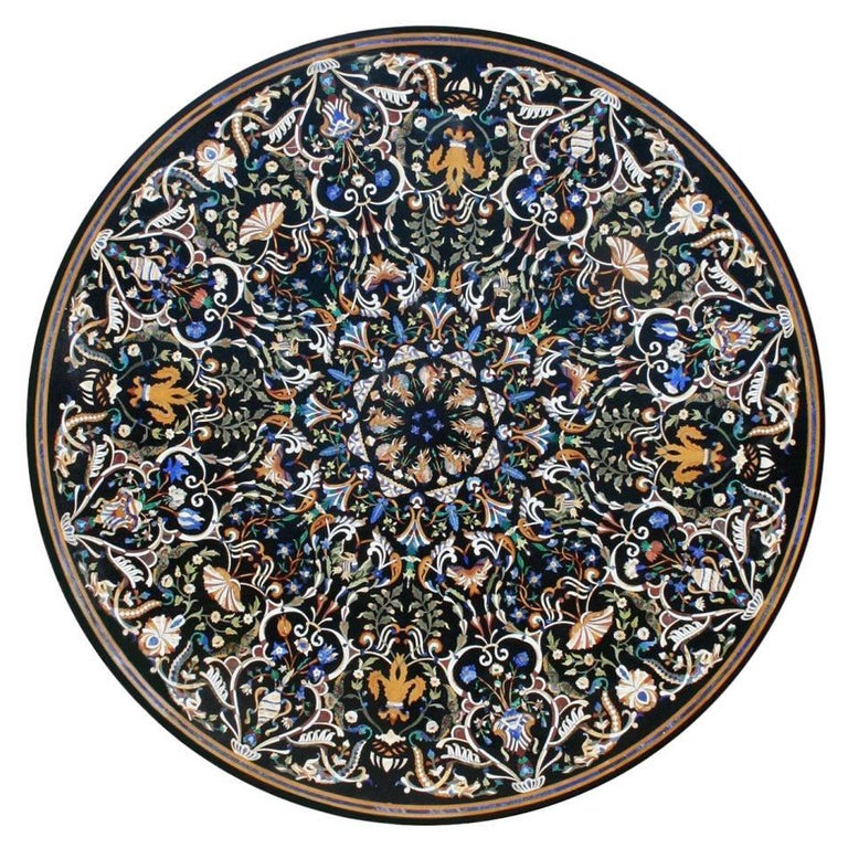 Italian Pietre Dure Semiprecious Hardstones Inlay Black Marble Mosaic Tabletop For Sale