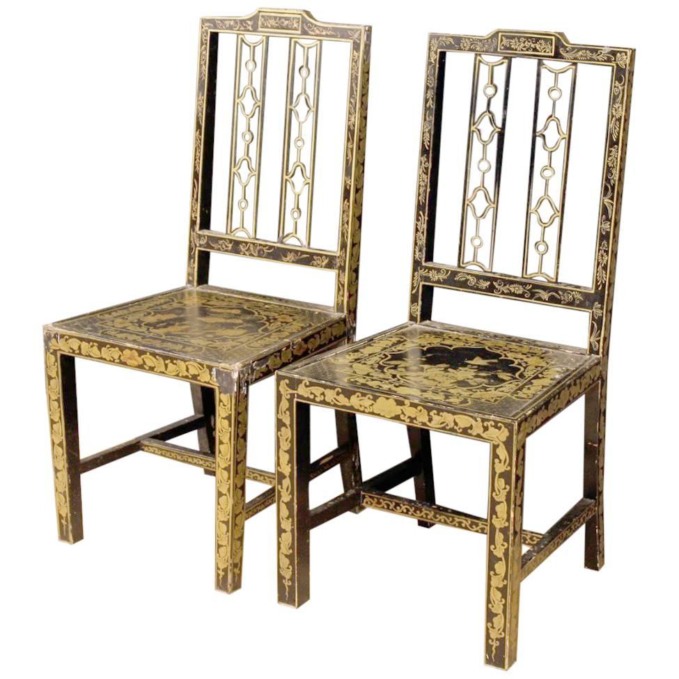 Pair of Lacquered and Painted Chinoiserie French Chairs from 20th Century