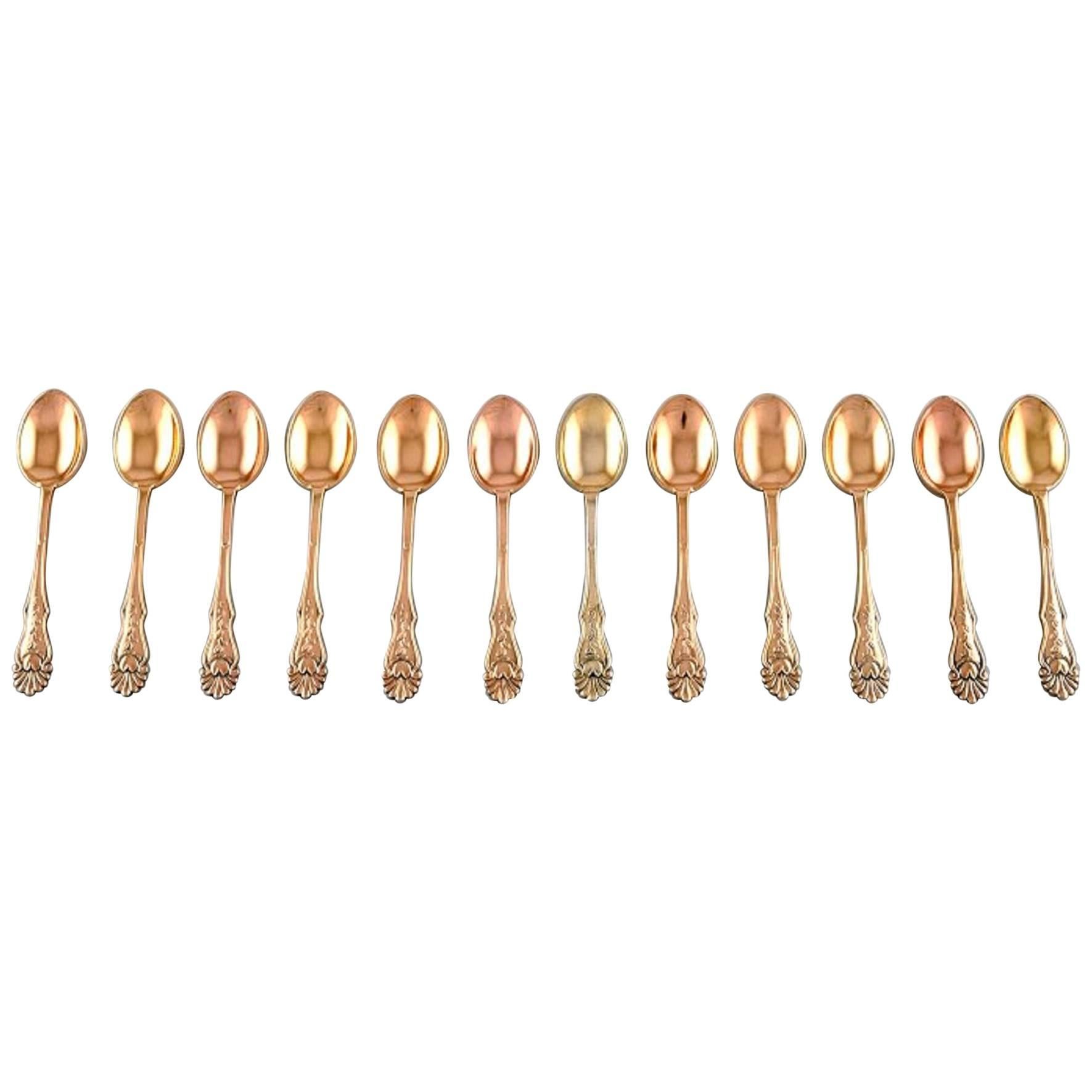 12 Danish Mocha Spoons in Gilded Silver, Approximate 1930s For Sale