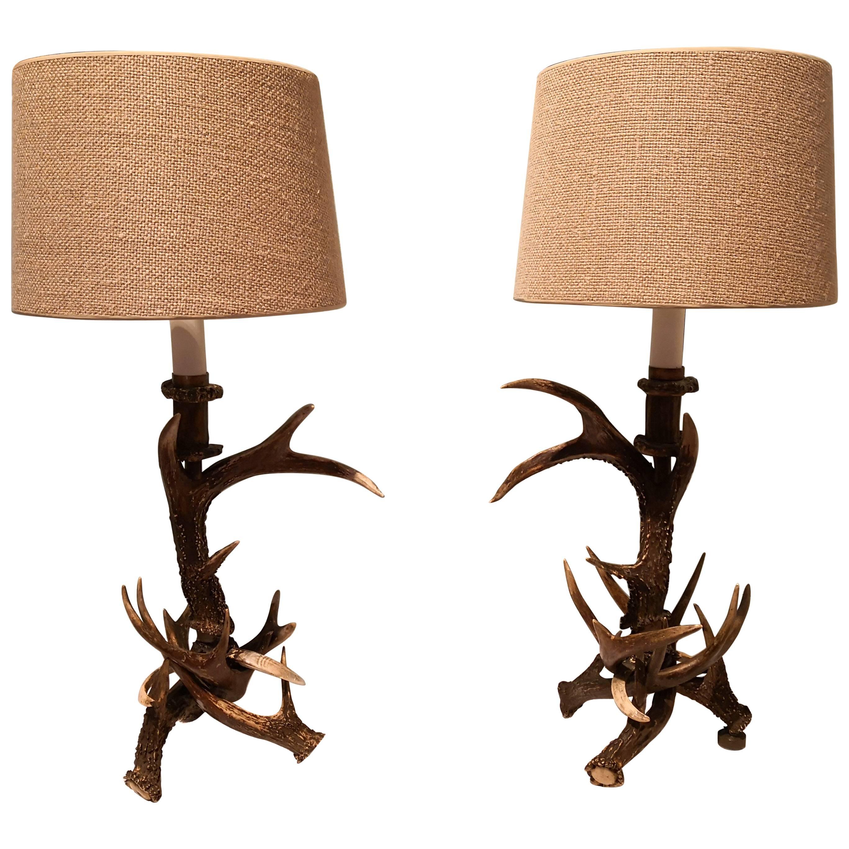 19th Century Black Forest Pair of Table Lamps with Antlers Germany