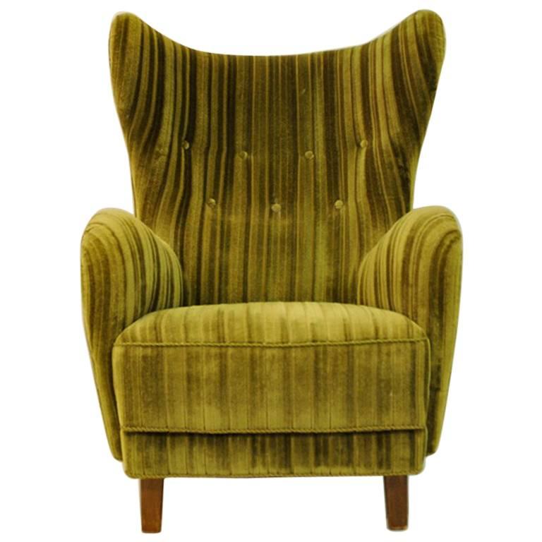 Green Velvet Wingback Easy Chair, 1930s-1940s, Denmark