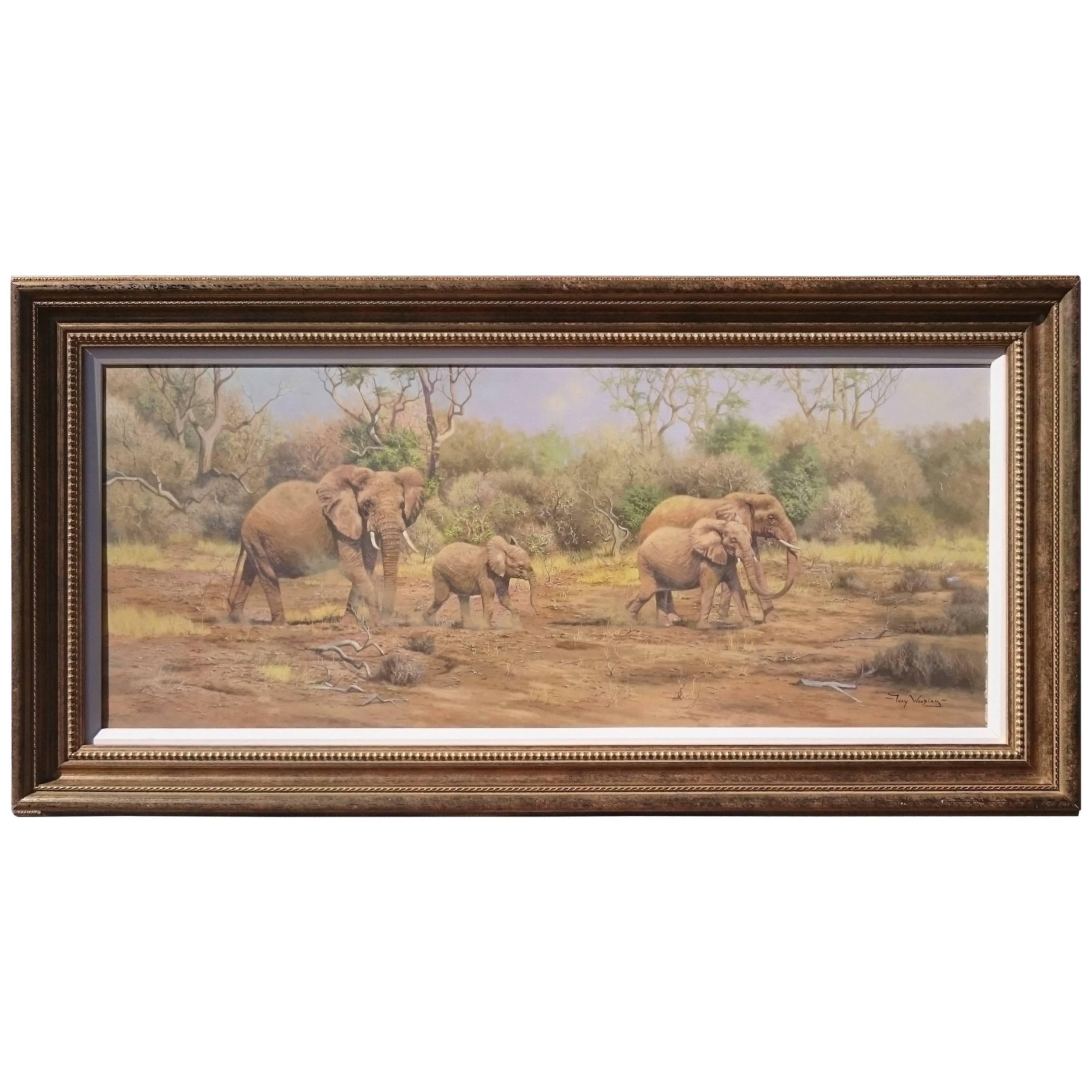 Painting of Elephants in an African Landscape by Tony Wooding For Sale