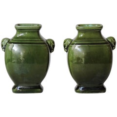 Theodore Deck Deep Green Enamel Faience Pair of Vases