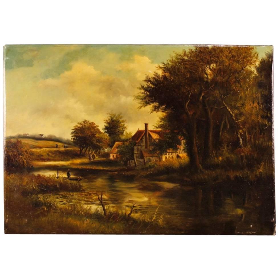 Dutch Signed Painting Oil on Canvas Landscape with Characters from 19th Century