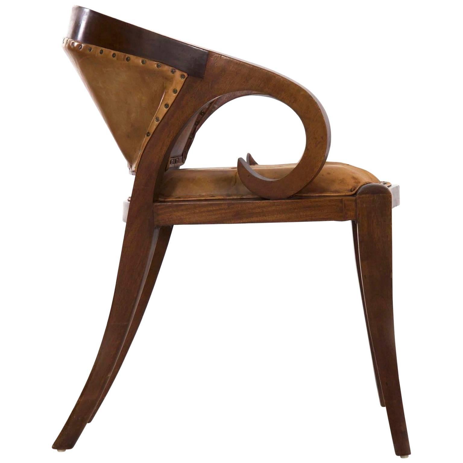 Vienna Secessionist Scrolled Mahogany and Leather Armchair, circa 1910