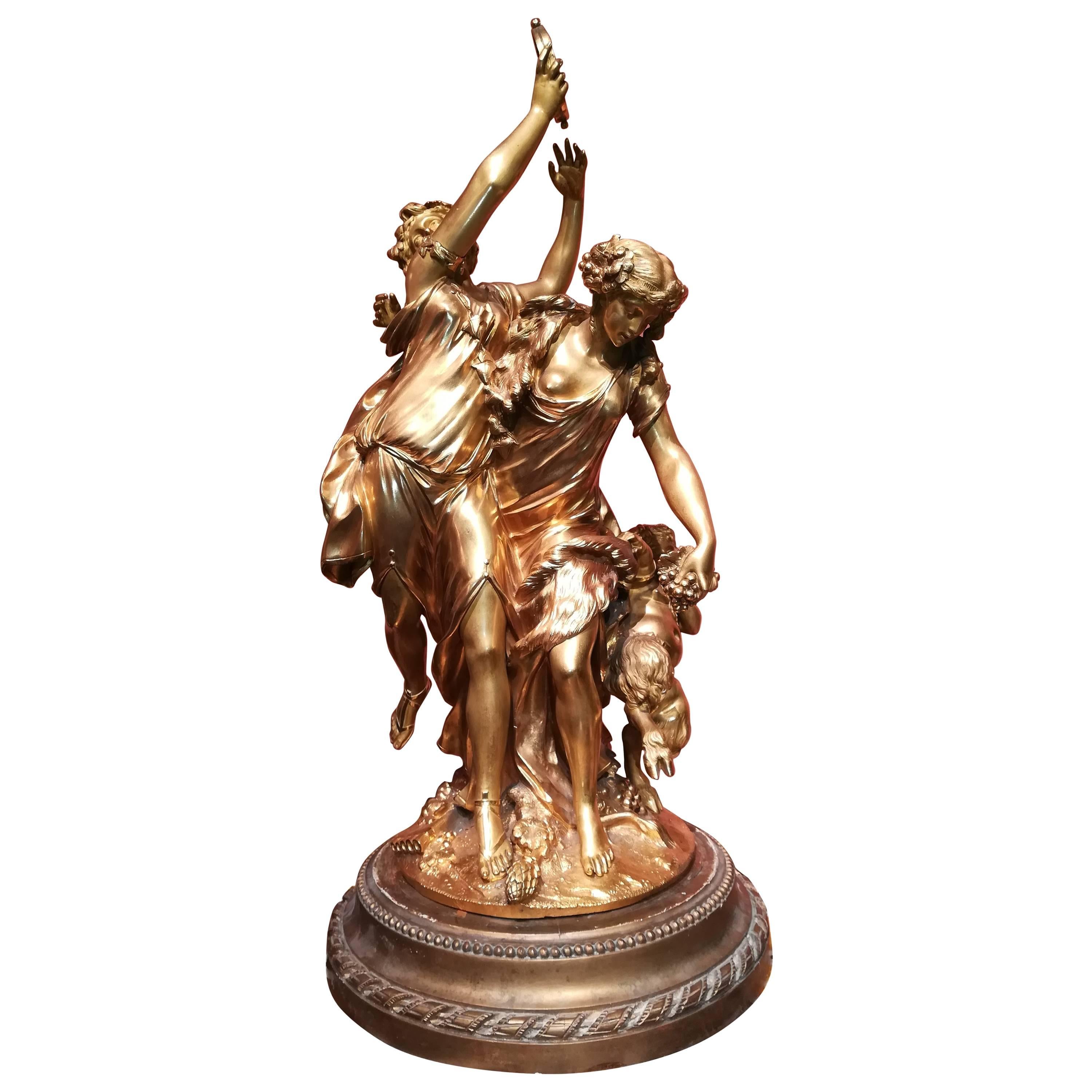 Late 19th Century Gilded Bronze Group after Clodion Gold Patina Bacchantes Love For Sale