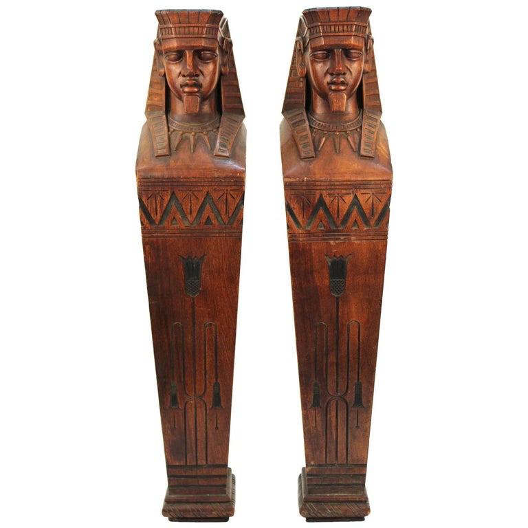 American Egyptian Revival Carved Wood Pair of Pharaoh Caryatids For