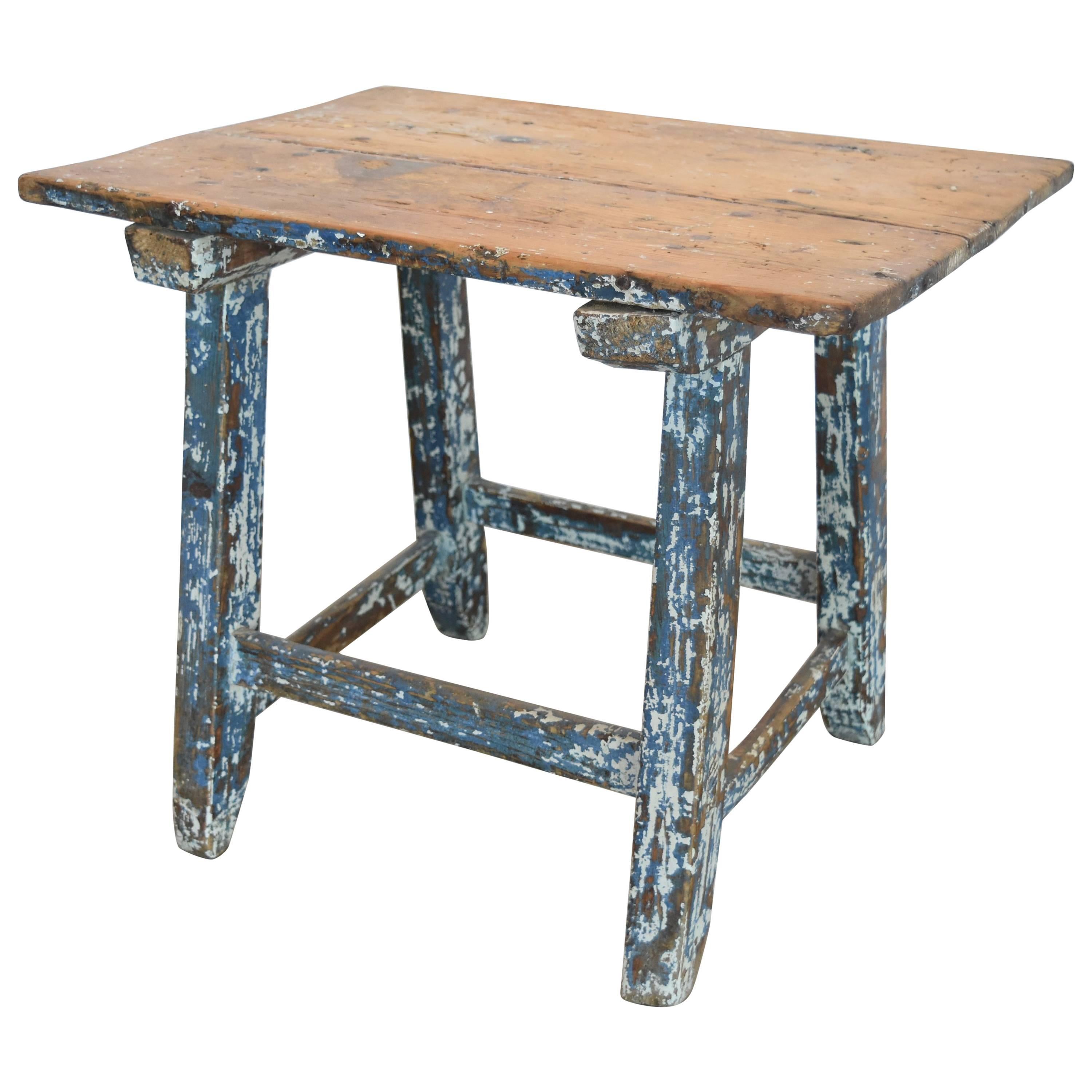 Pine Primitive Spanish Childs Table or Stool with Original Blue White Paint