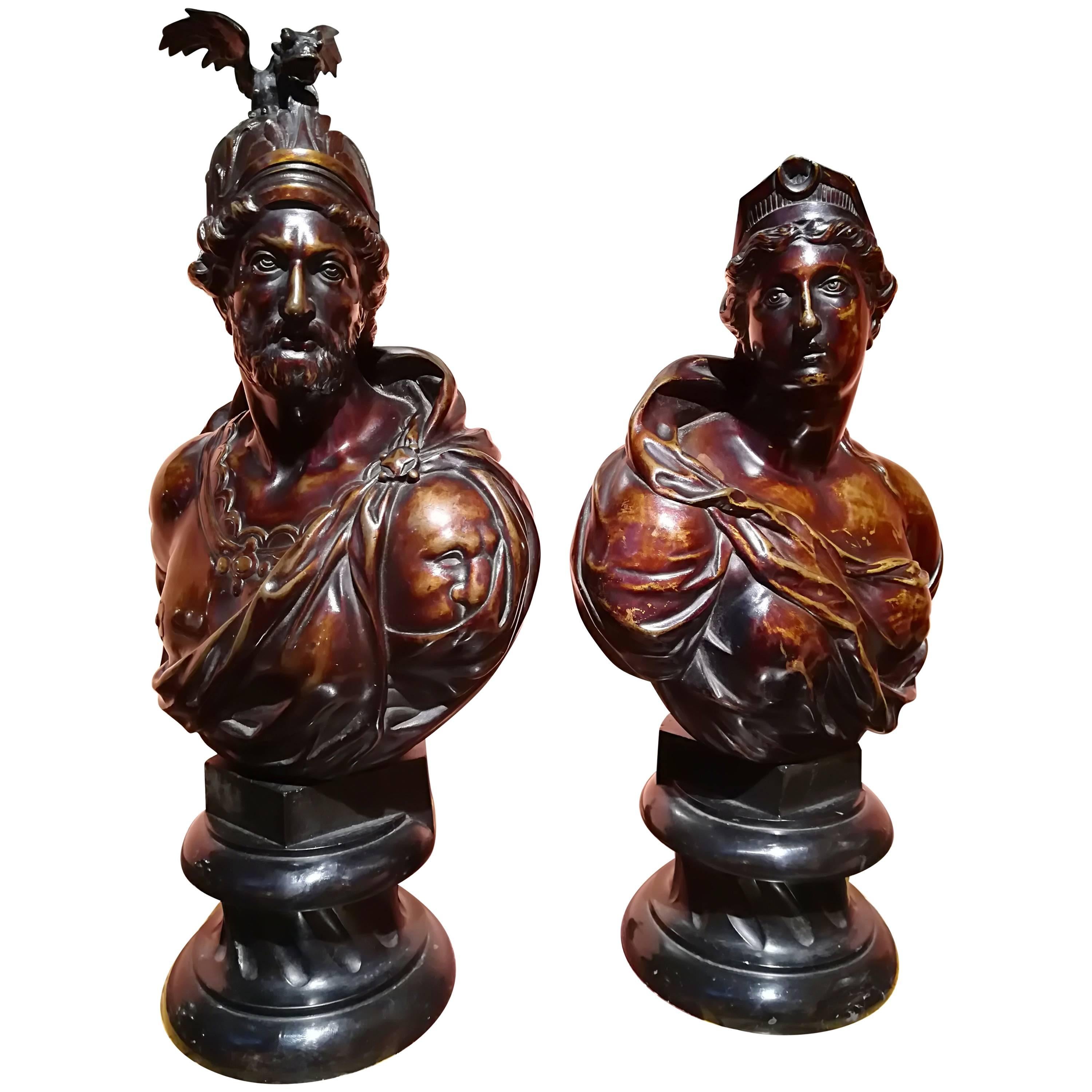Early 19th Century Pair of Bronze Busts Brown Patina, Roman Gods, Mars & Diana For Sale