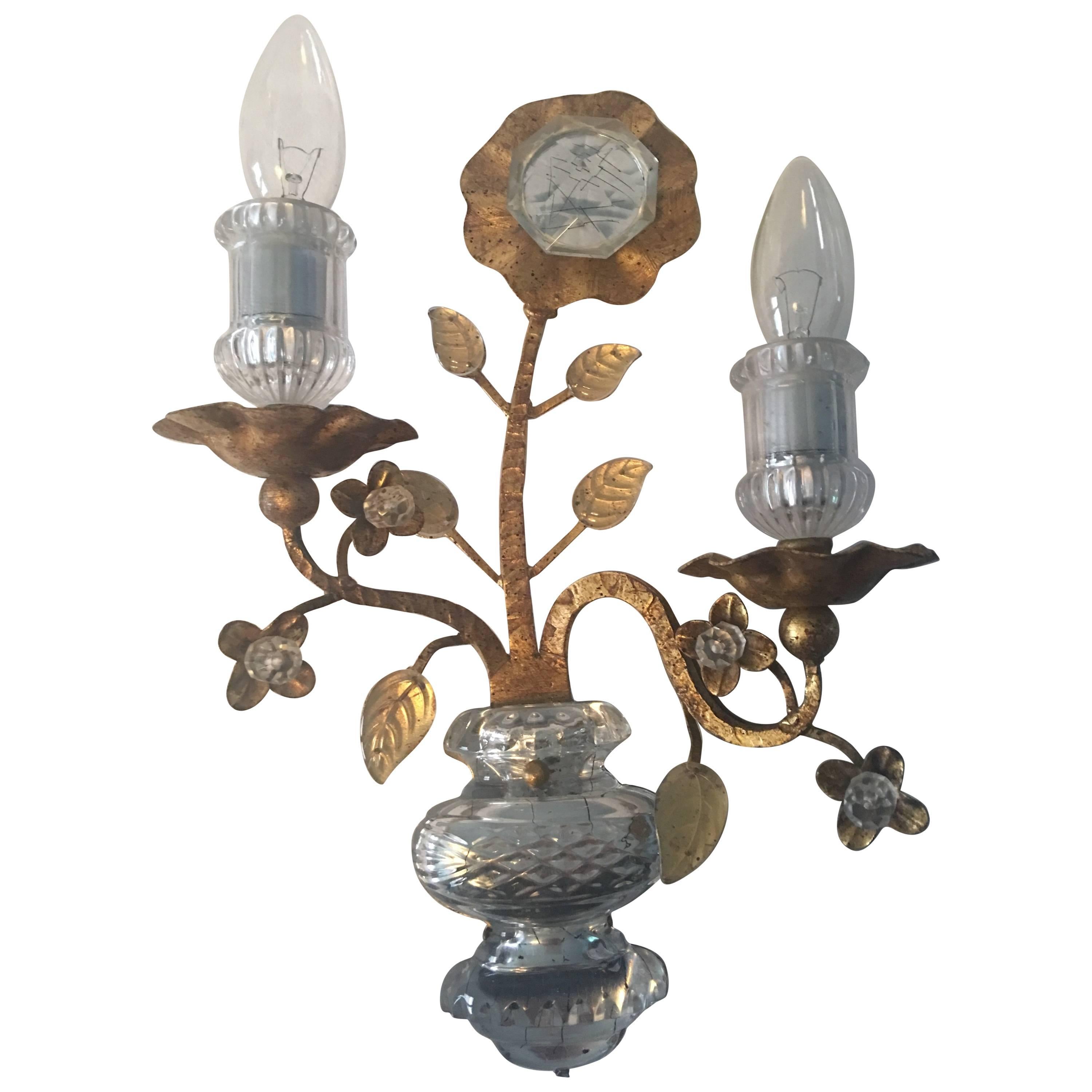 Maison Baguès Style Gold Leaf Crystal Sconce For Sale