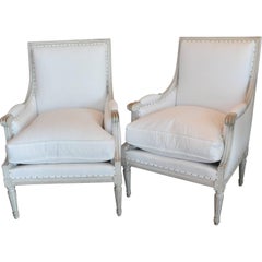 Pair of Late 19th Century Painted Gray Louis XVI Style French Bergere Armchairs