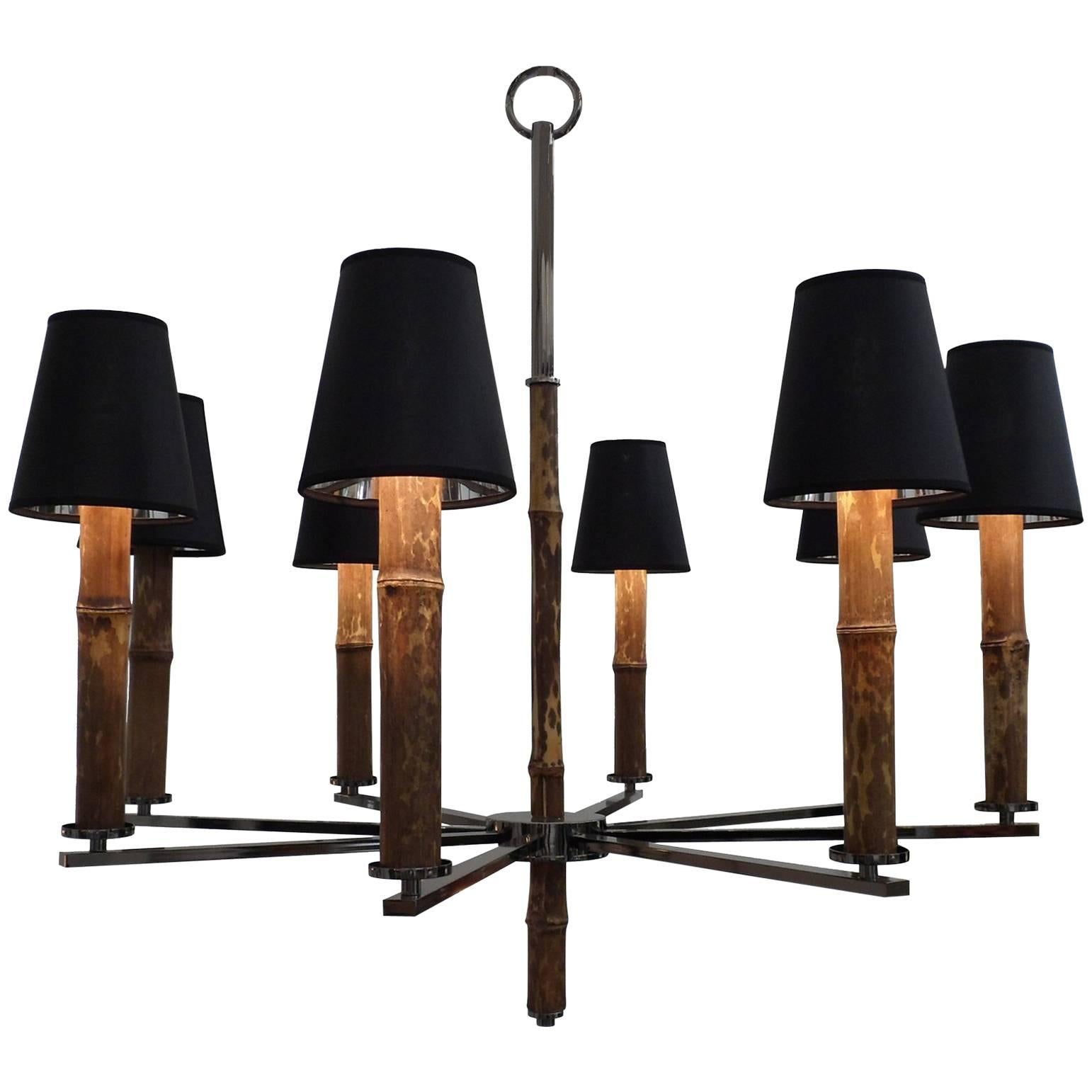 Six-Arm Nickeled Brass and Bamboo Chandelier "Grove" Made in Italy For Sale