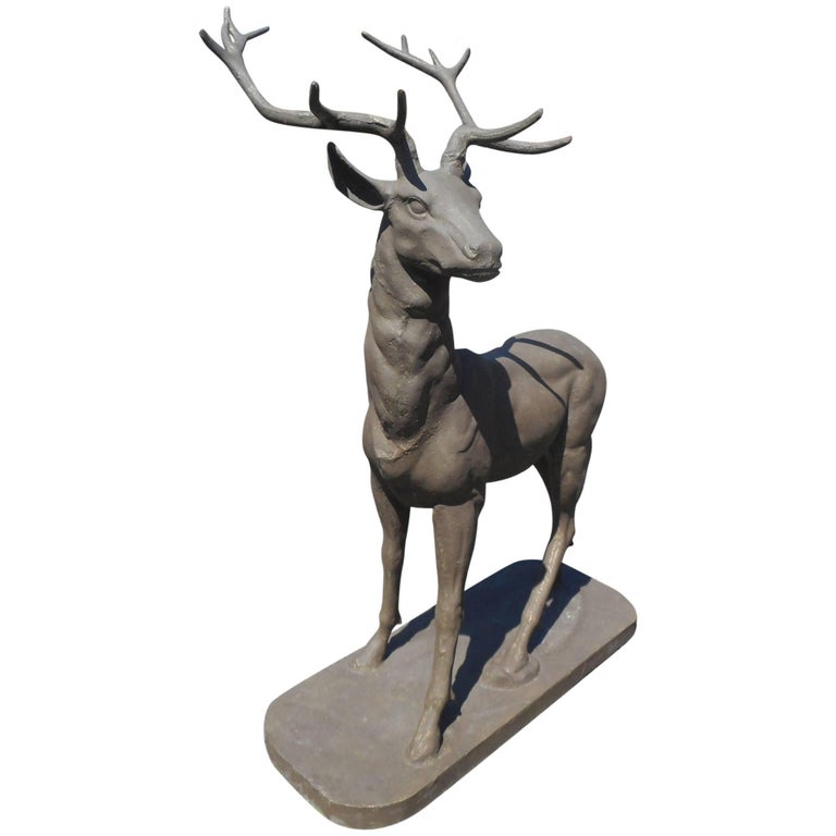 Cast Iron Lifesize Deer Statue with Large Antlers For Sale at 1stdibs