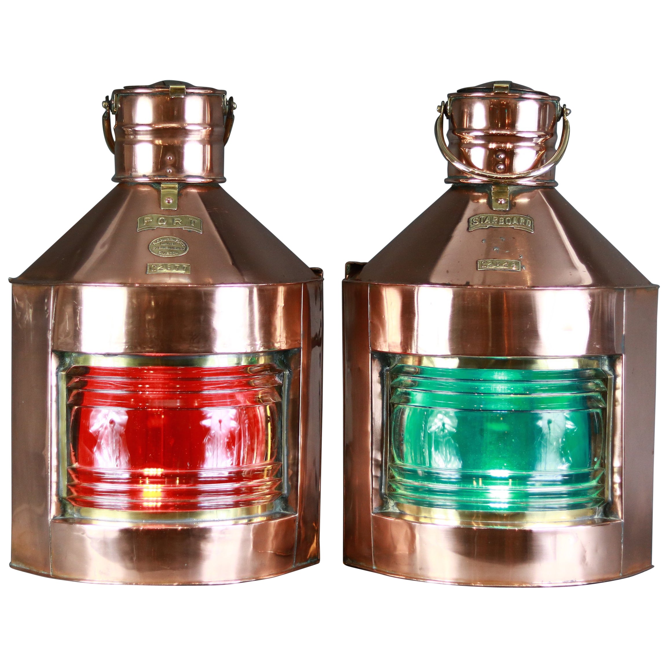 Pair of brass port and starboard ship lanterns with fresnel lenses ny