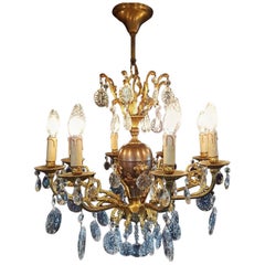 Vintage French Six-Light Bronze and Brass Chandelier with Glass