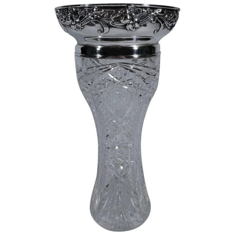 Gorham Art Nouveau Sterling Silver and Brilliant CutGlass Vase For
