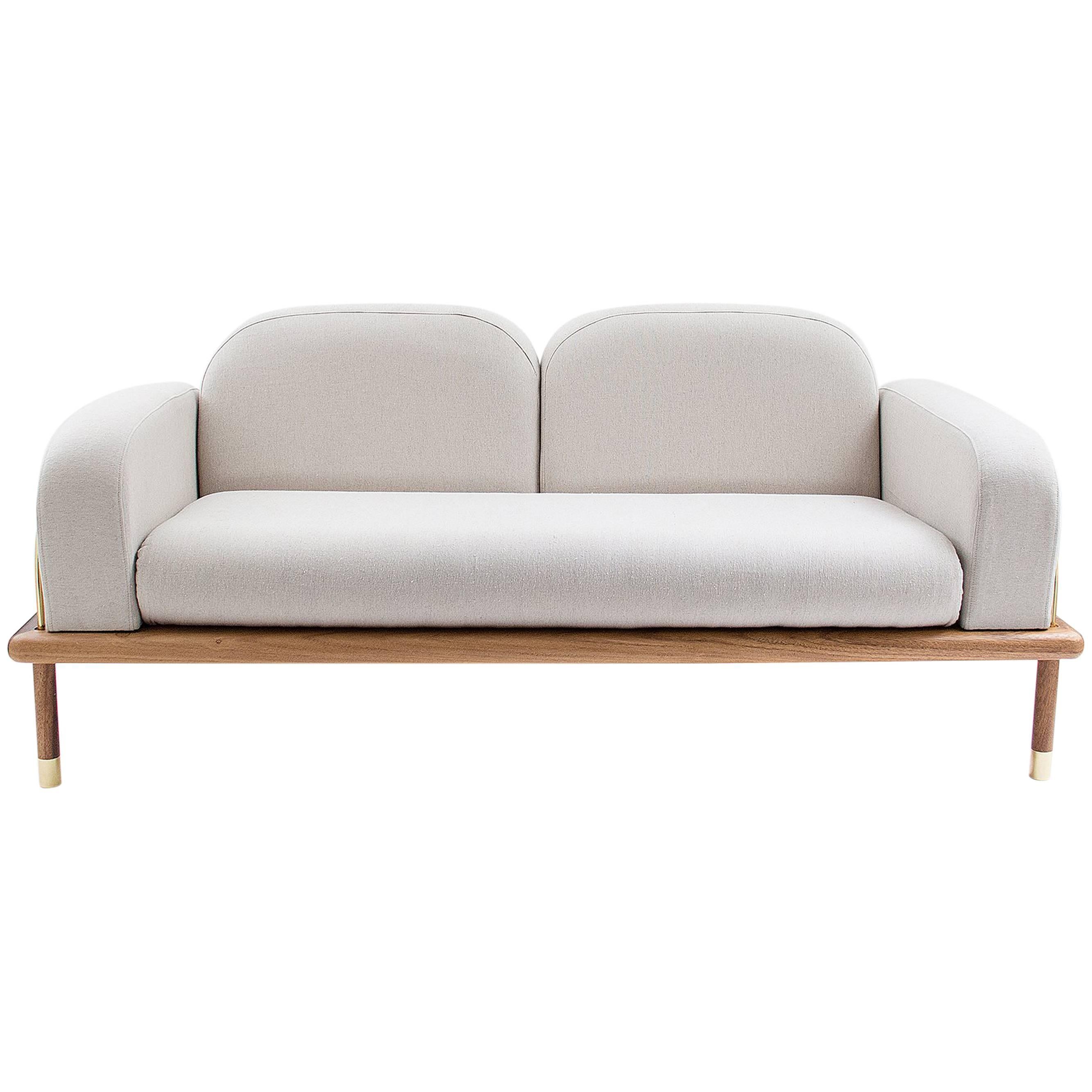 "Prado" Sofa Mexican Contemporary design in Parota Wood, Copper or Brass Detail For Sale
