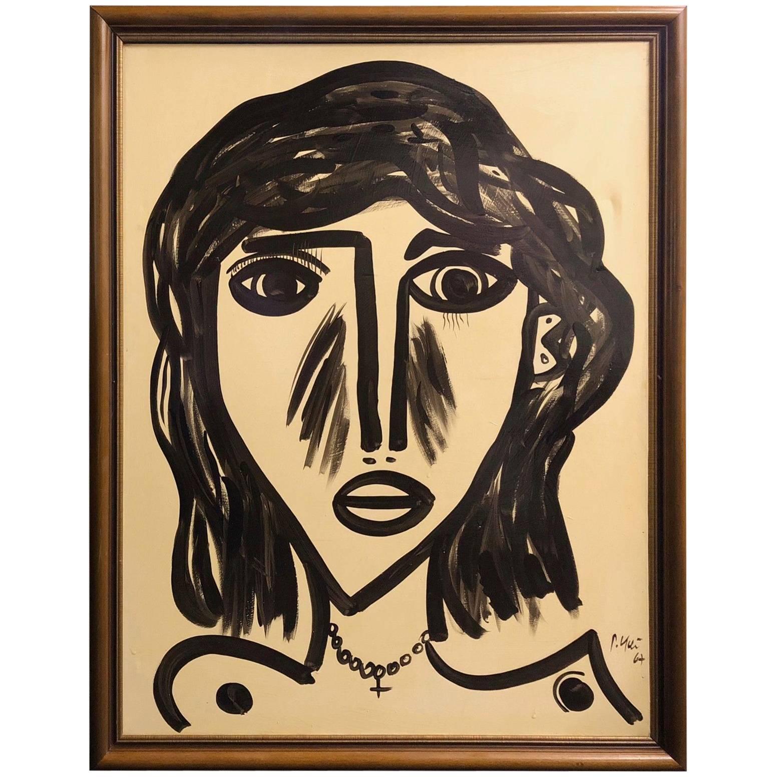 Peter Keil Mid-Century Modern 'Abstract Face' Oil on Canvas Painting