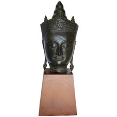 Late 18th Century Cast Bronze Bust of Buddha on Wooden Base