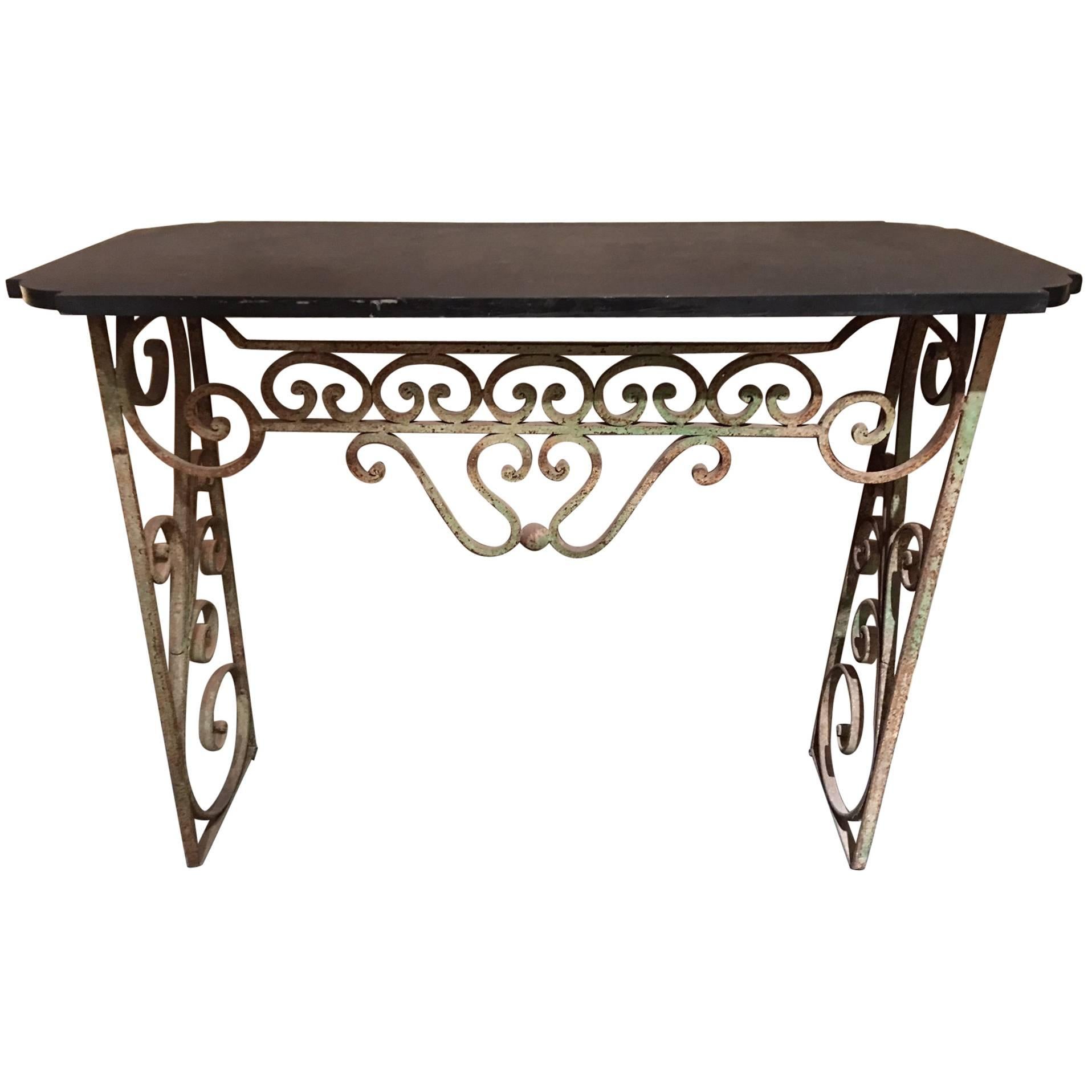French Wrought Iron Console with a Black Marble Top, Early 20th Century