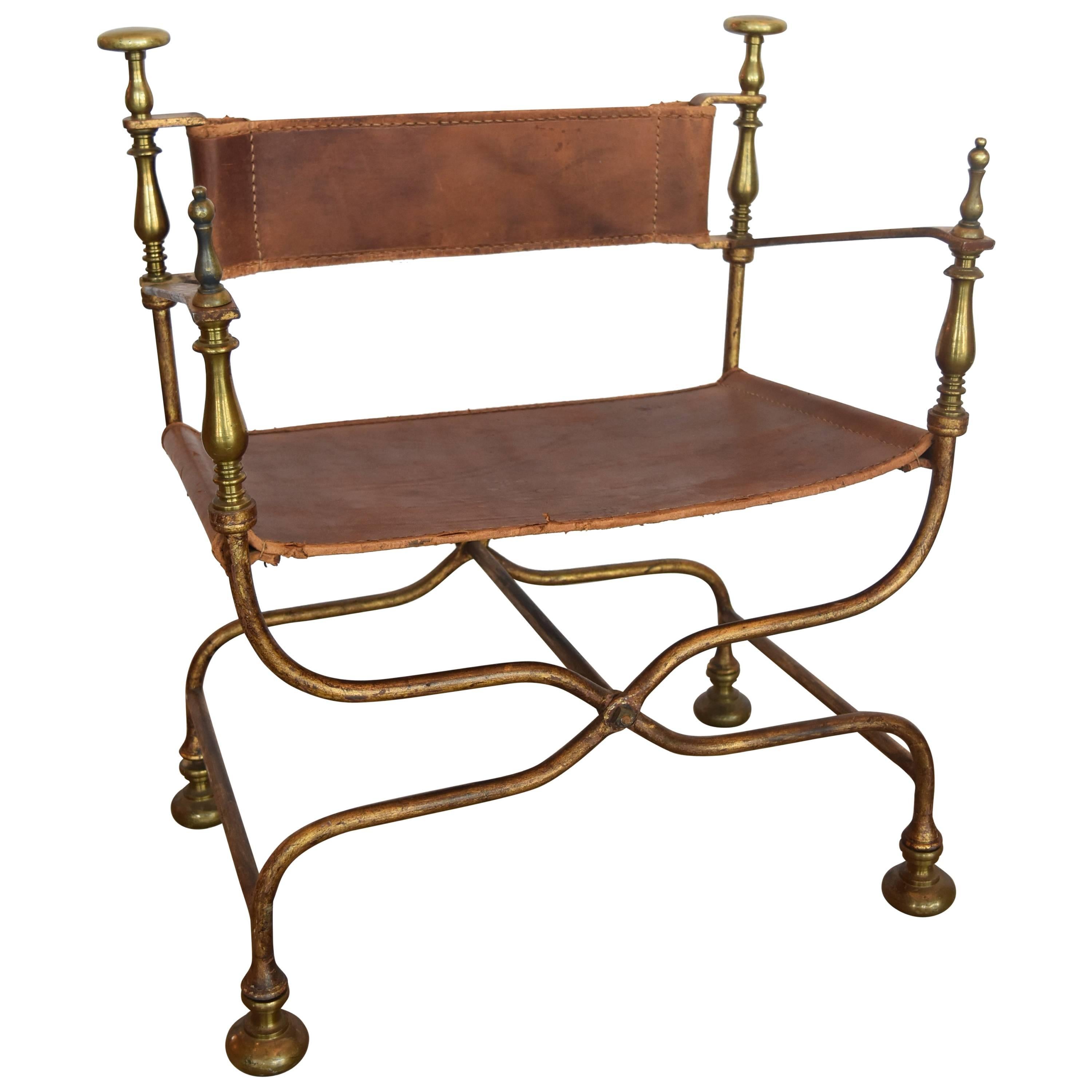 Savonarola Turn of the Century Spanish Iron and Brass Chair with Cognac Leather