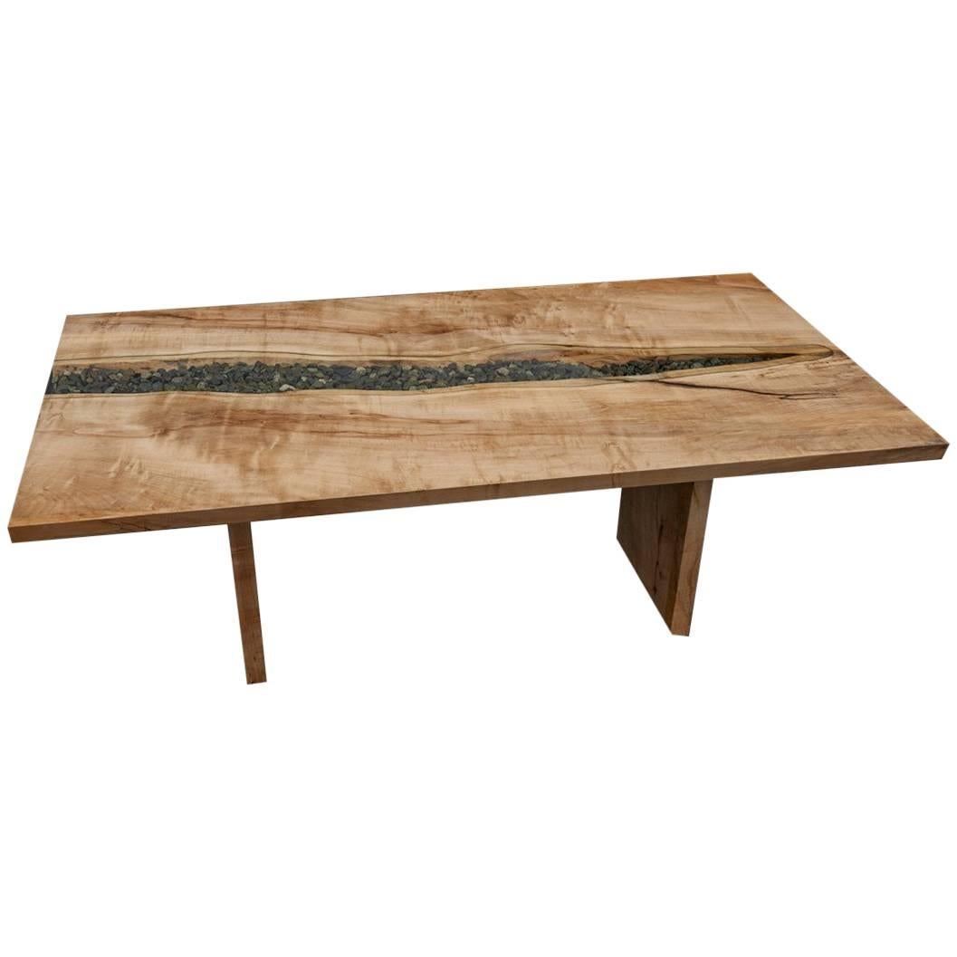 Live Edge Slab Dining Table with River Rocks and Glass For Sale