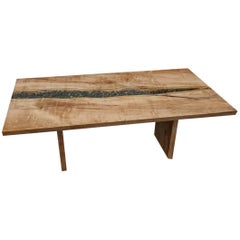 Live Edge Slab Dining Table with River Rocks and Glass