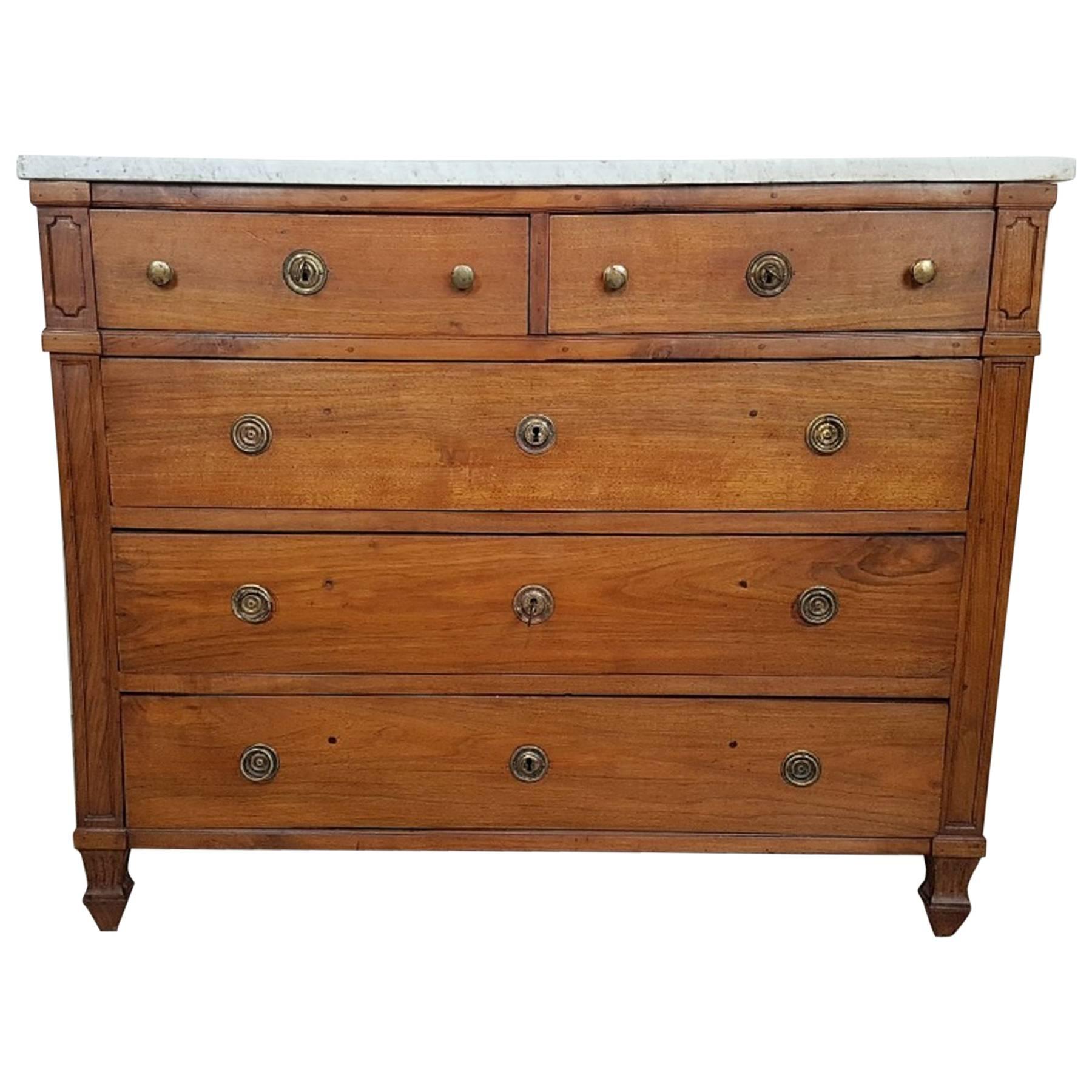 18th Century Italian Louis XVI Walnut with White Marble Chest of Drawers