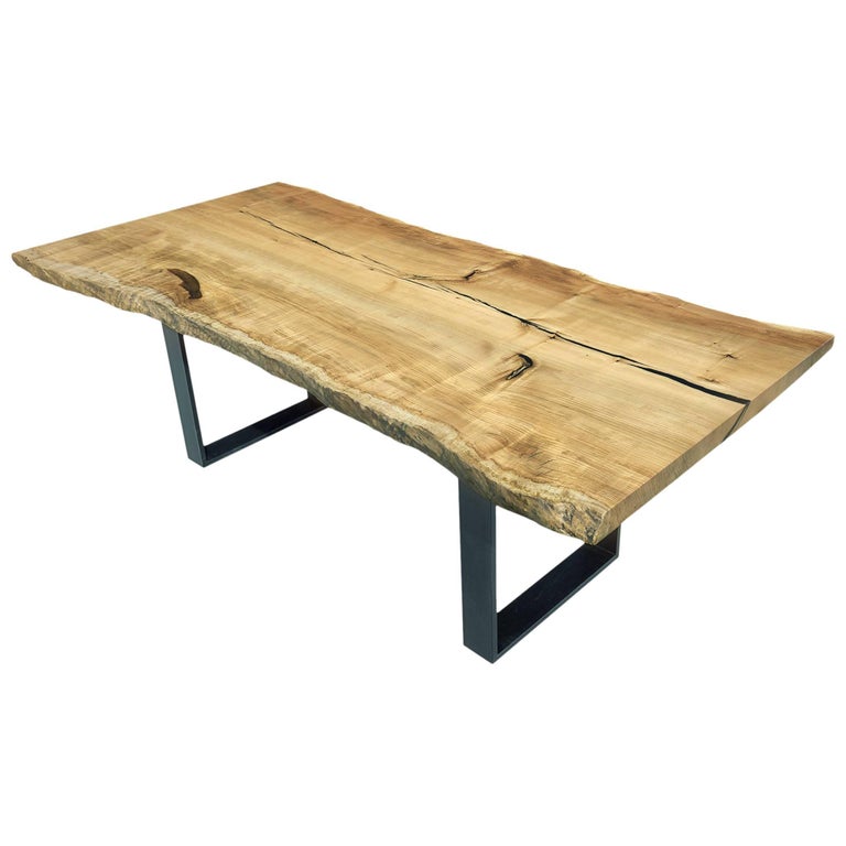 Shou Sugi Ban Live Edge Slab Wood and Steel Leg Dining Table with Brass