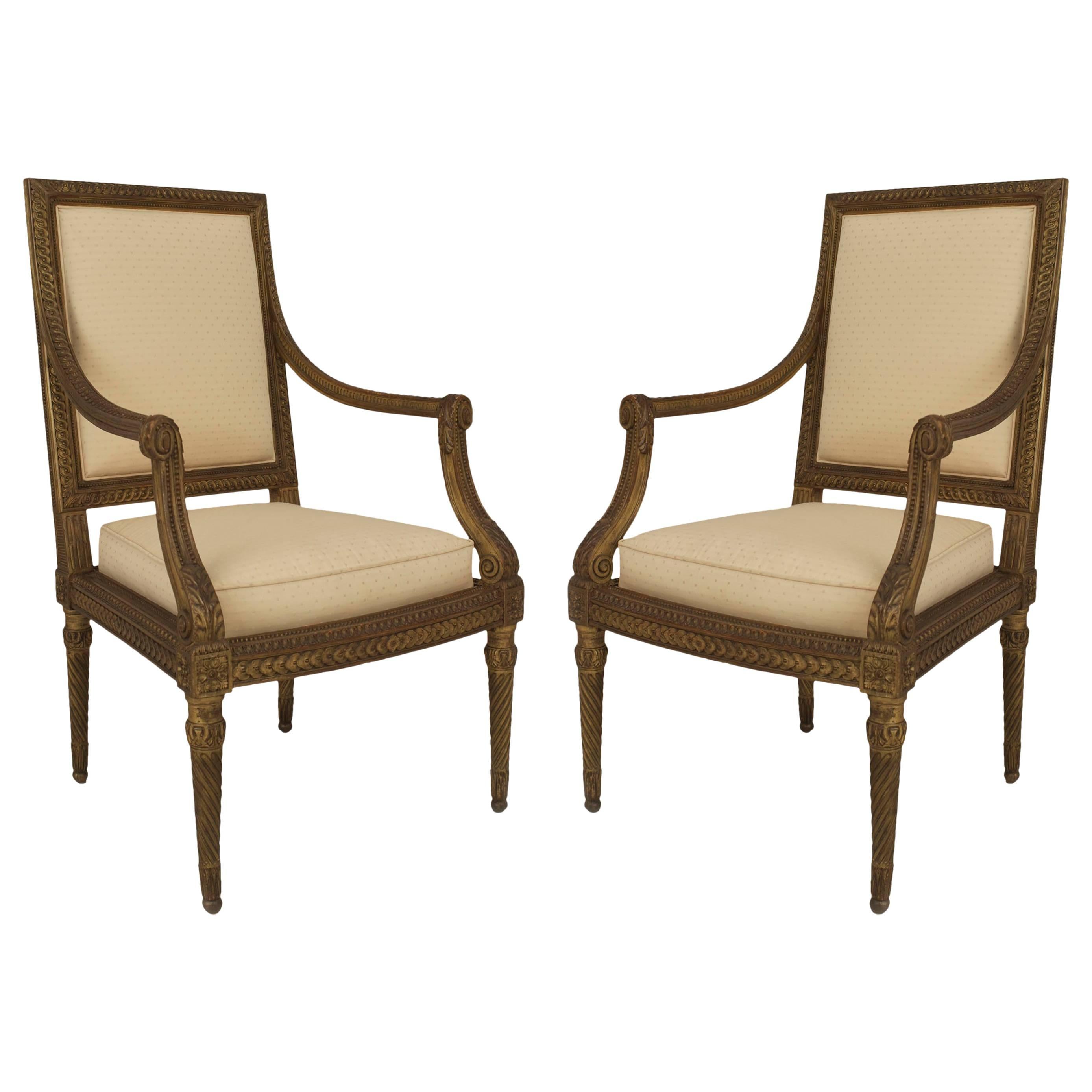 Pair of French Louis XVI Style ‘19th Century’ Gilt Open Armchairs