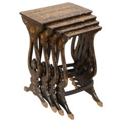 Set of Four Chinese Export Brown Lacquer and Gilt Quartetto Tables
