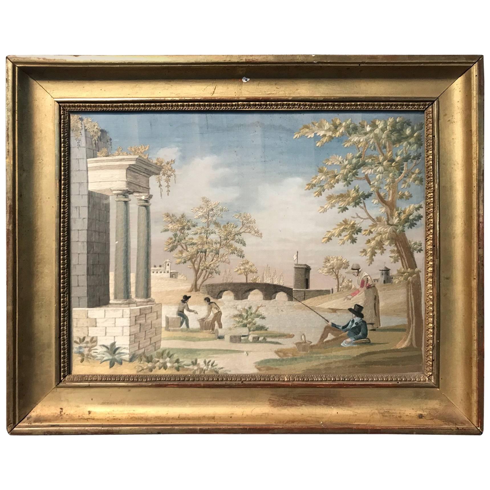 French 19th Century "Fil De Soie", Silk Embroidery For Sale