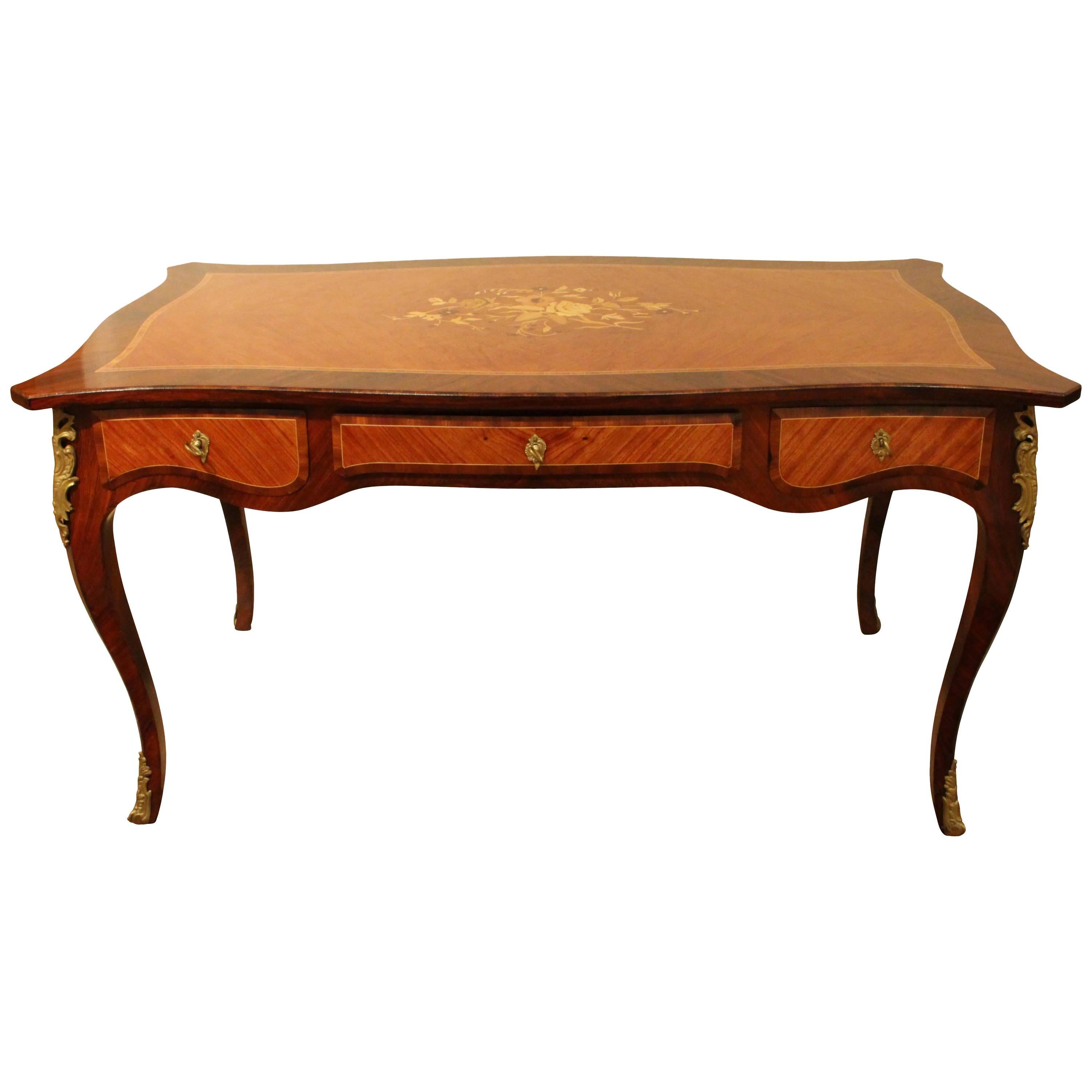 French Desk Bureau Plat in the Louis XV Style with Marquetry of Fruitwood