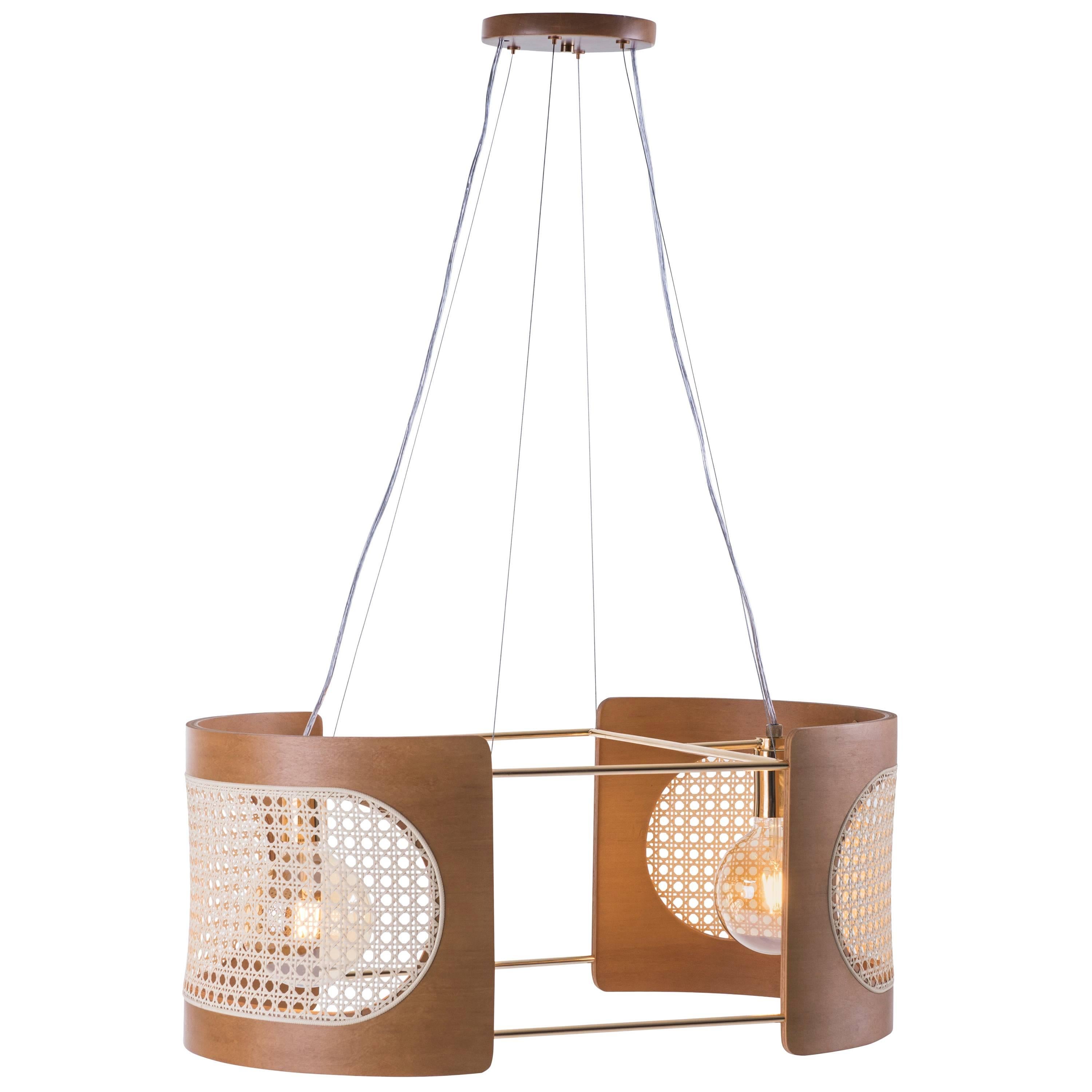 Contemporary Pendant Lamp Noce Small Size, Brazilian Wood and Natural Straw For Sale