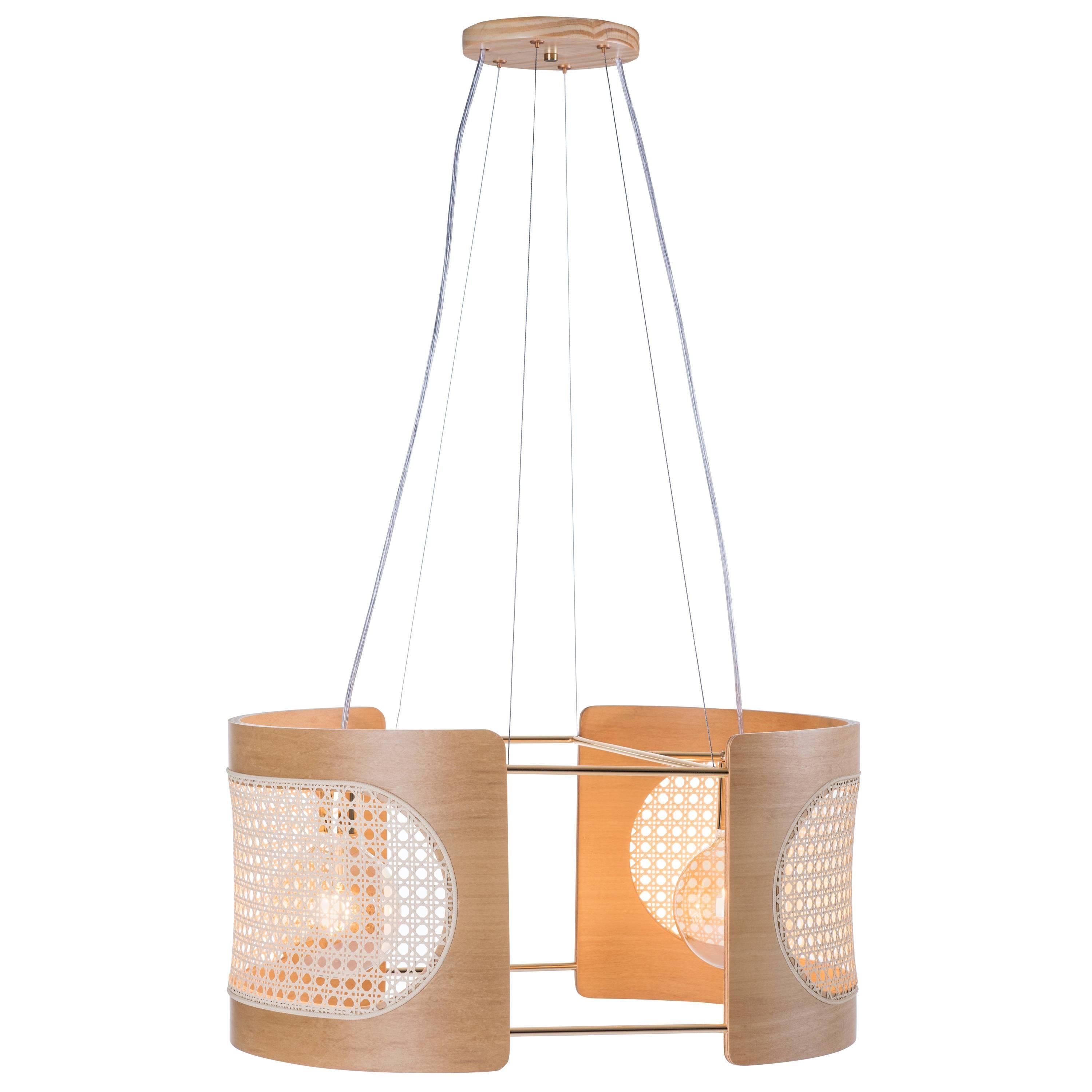 Contemporary Pendant Lamp Noce Large Size, Brazilian Wood and Natural Straw For Sale