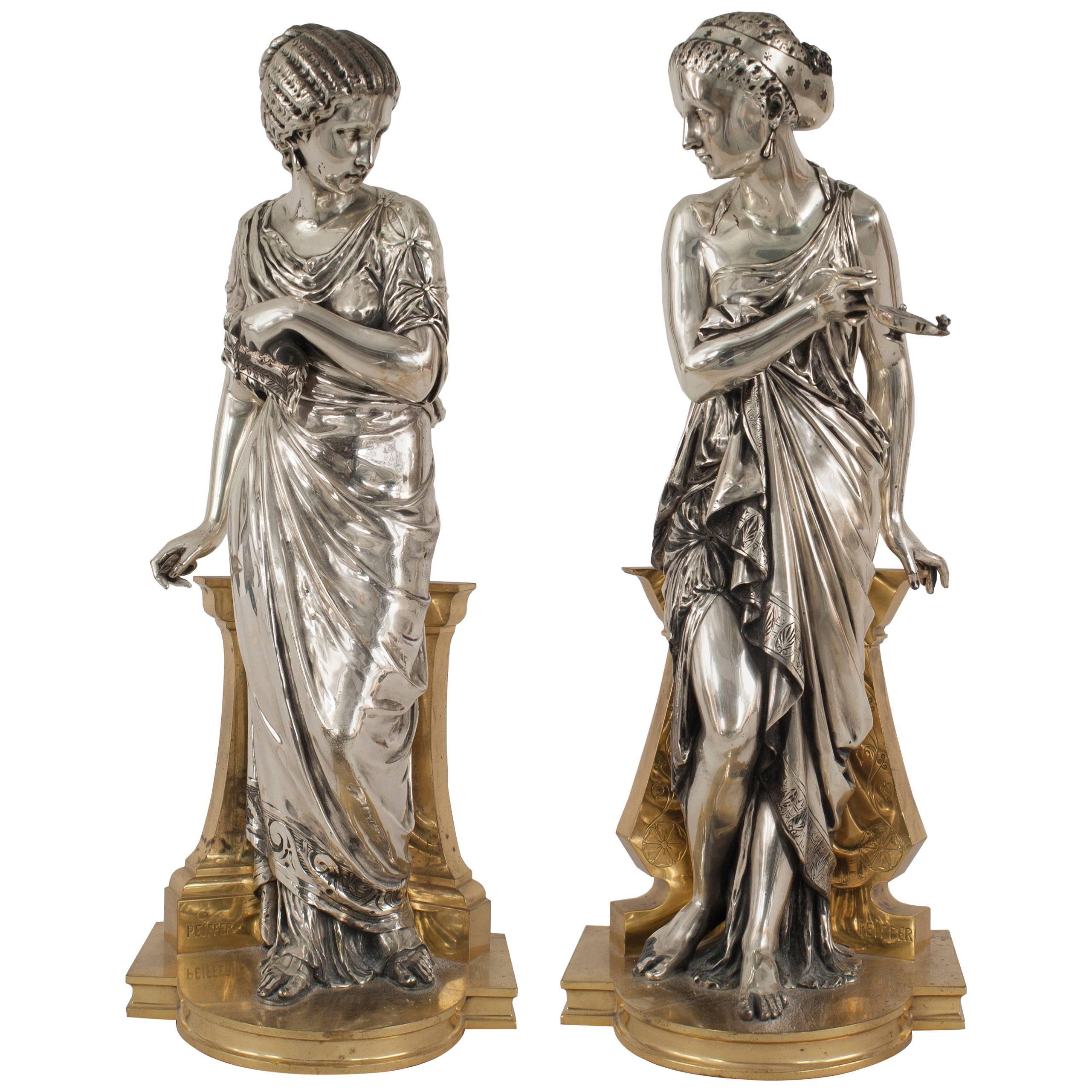 Tiffany Pair of French Victorian Silvered Classical Greek Female Figures For Sale