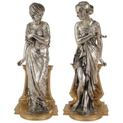 Tiffany Pair of French Victorian Silvered Classical Greek Female Figures