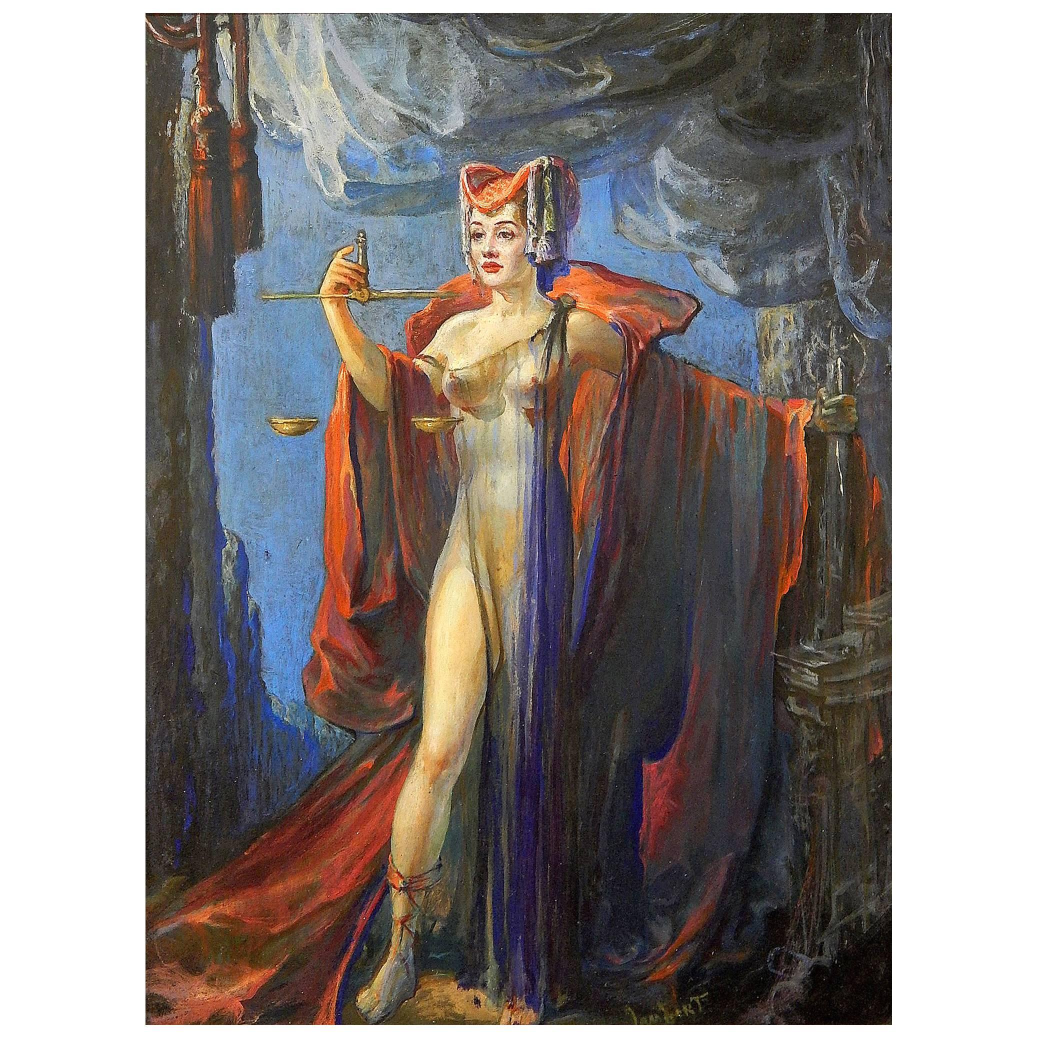 "Justice in Hollywood, " Fabulous Art Deco Depiction of Allegorical Nude Female