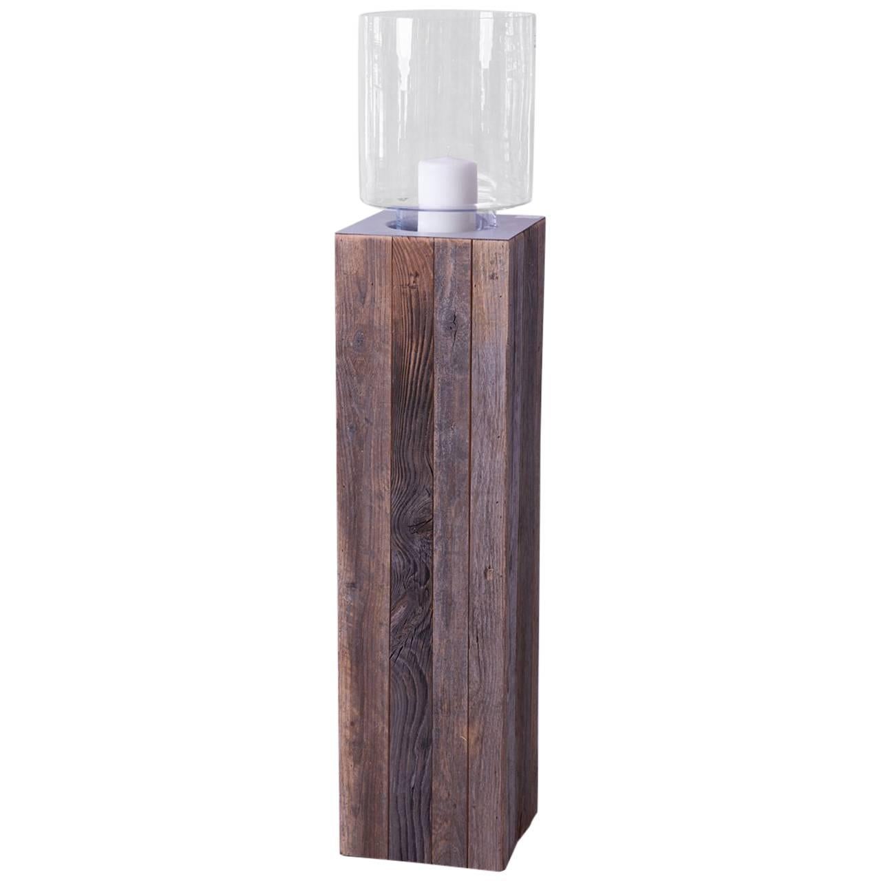 Contemporary Wood Pillar Candleholder with Glass Hurricane