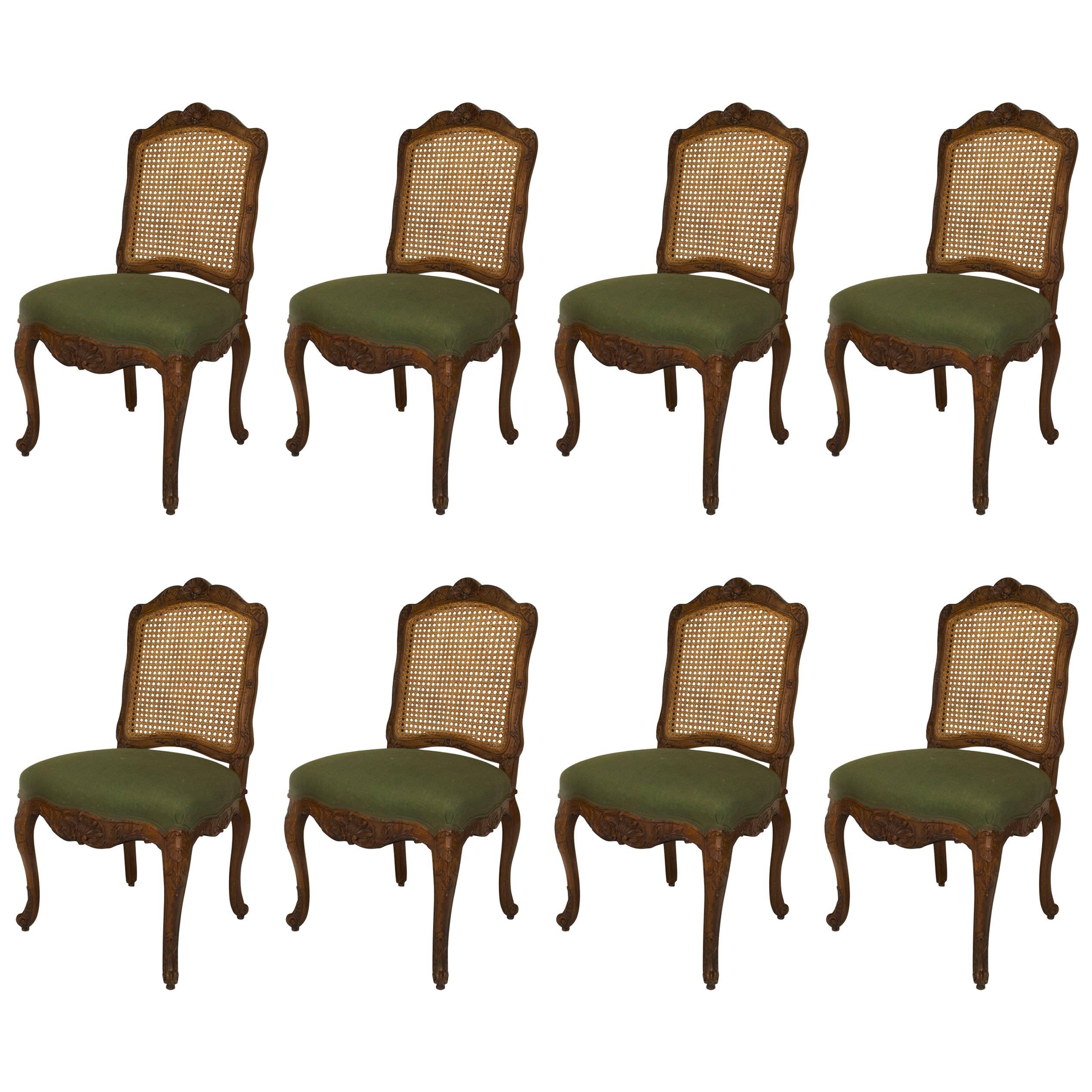 Set von 8 grünen Beistellstühlen im französischen Stil Louis XV.