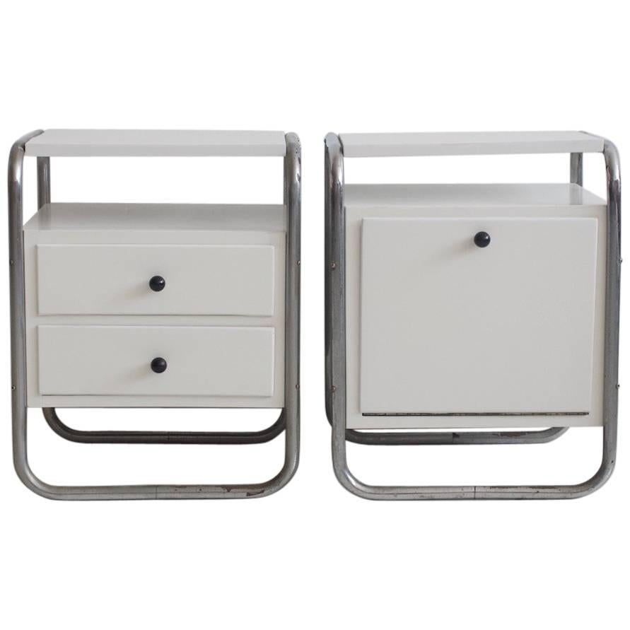 Pair of White Painted Side Tables with Tubular Steel Frame