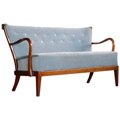 Fritz Hansen Attributed 1940s Sofa or Settee with Open Armrests and Spindle Back