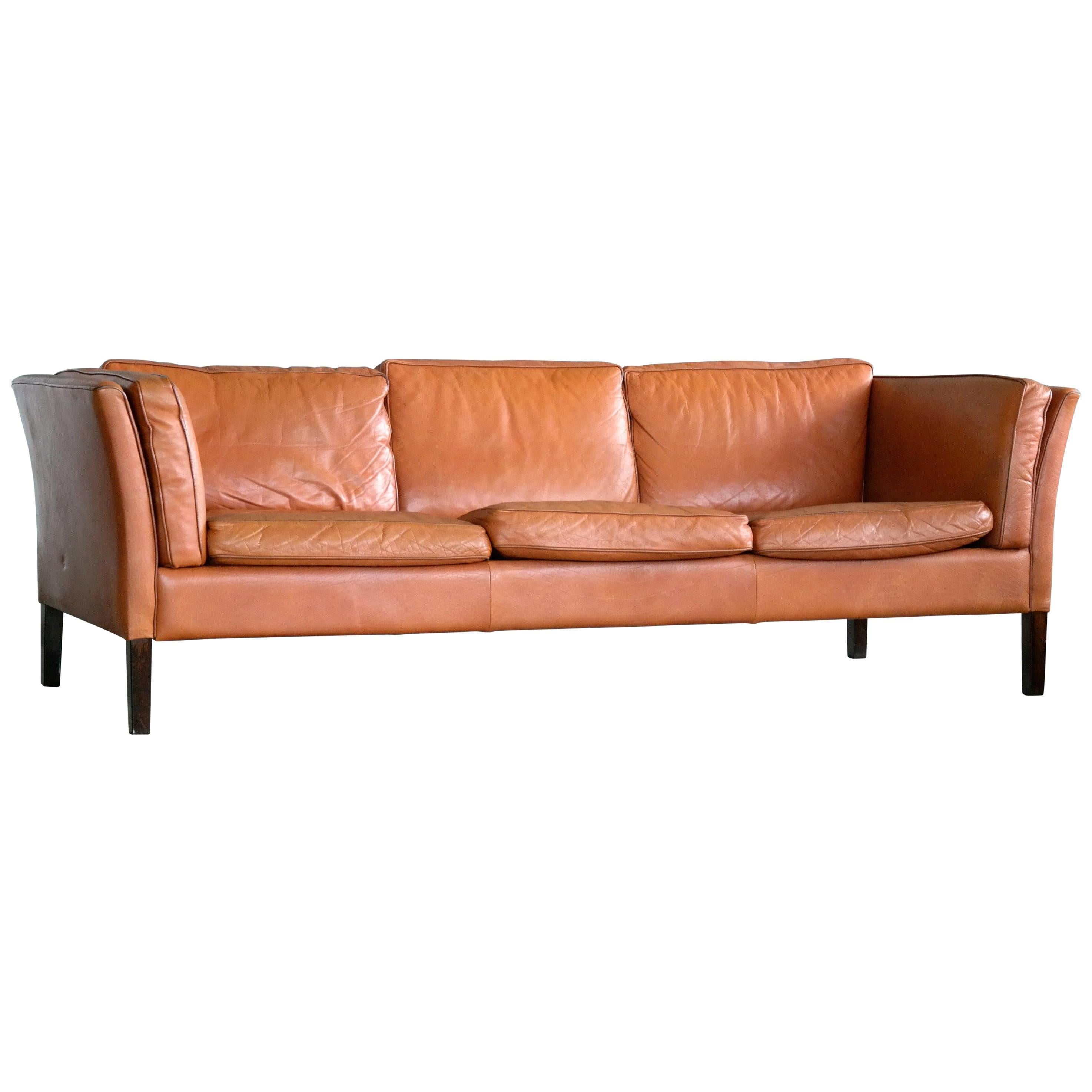 Borge Mogensen Style Danish Three-Seat Leather Sofa in Patinated Cognac Leather
