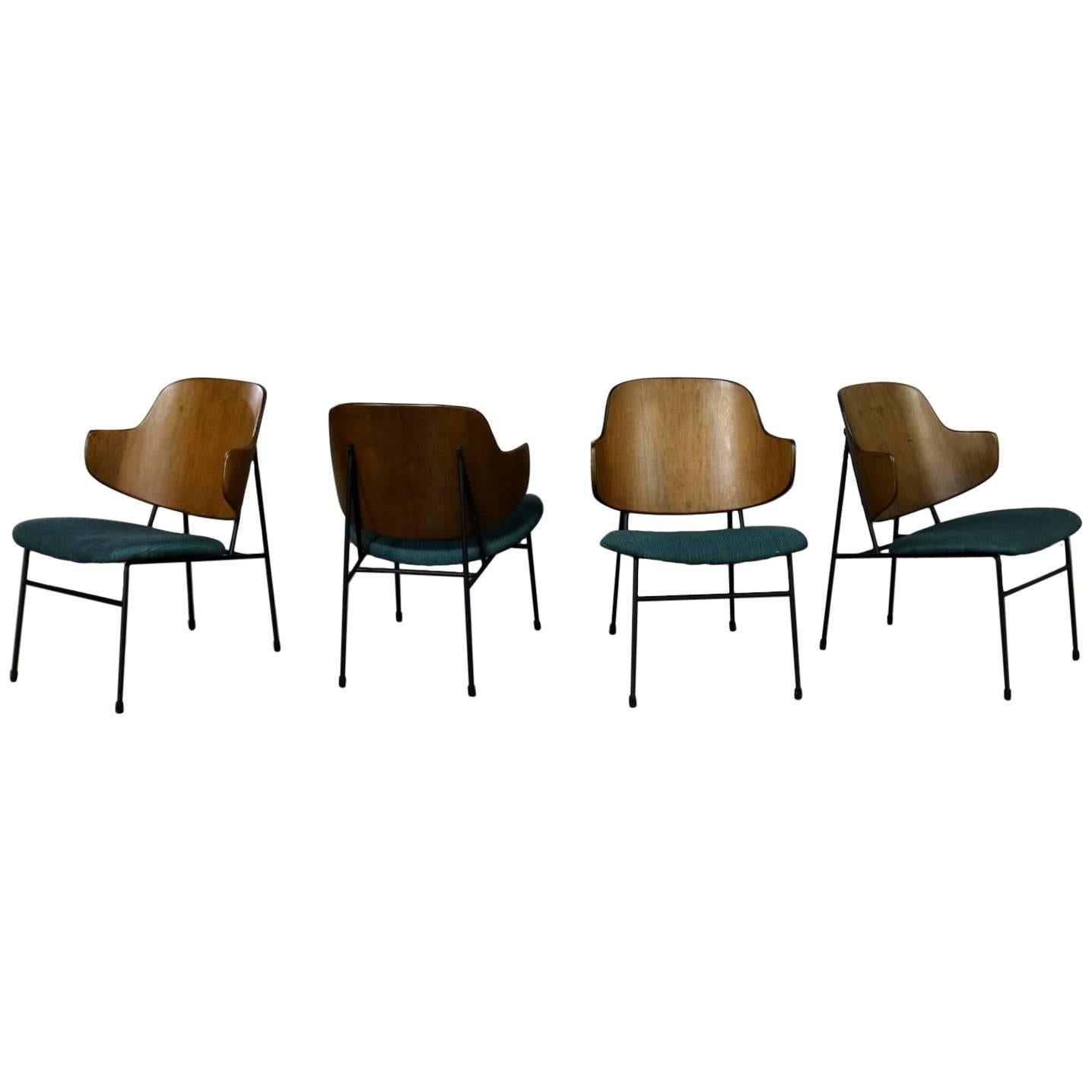 Set of Four Ib Kofod-Larsen Penguin Chairs Walnut Molded Backs Turquoise Seats
